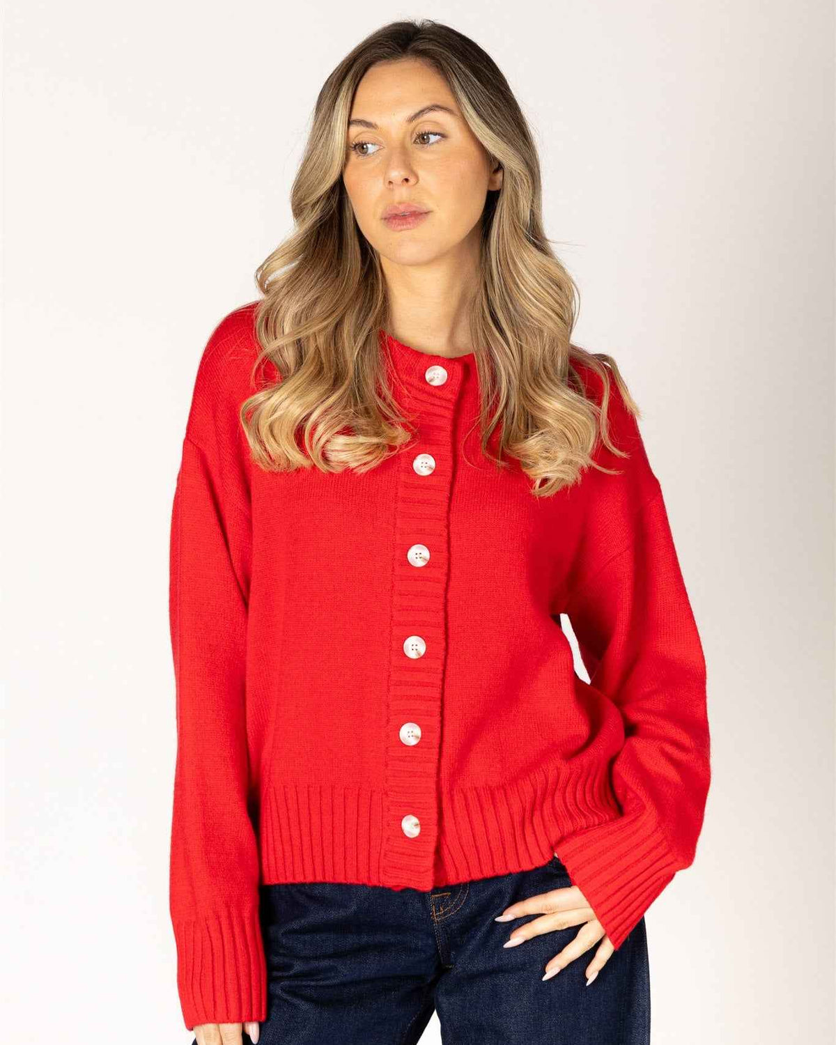 Lyla & Luxe Beau Women's Ribbed Essentials Cardigan in Poppy Red