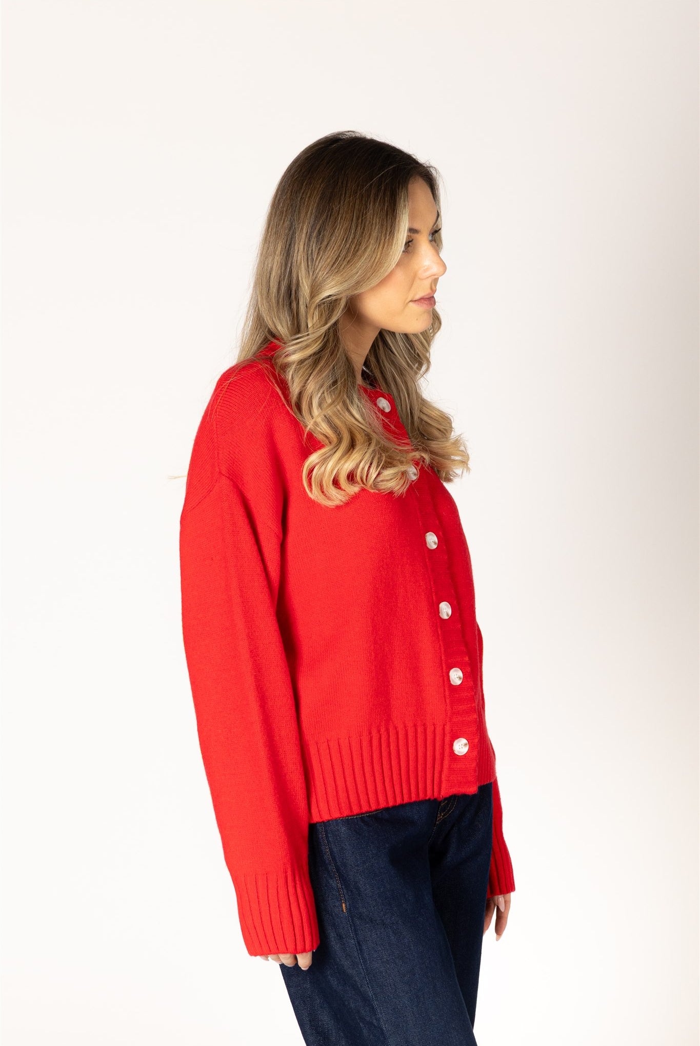 Lyla & Luxe Beau Essentials Cardigan Poppy Red ribbed button-front side view — Cloud Nine Pajamas
