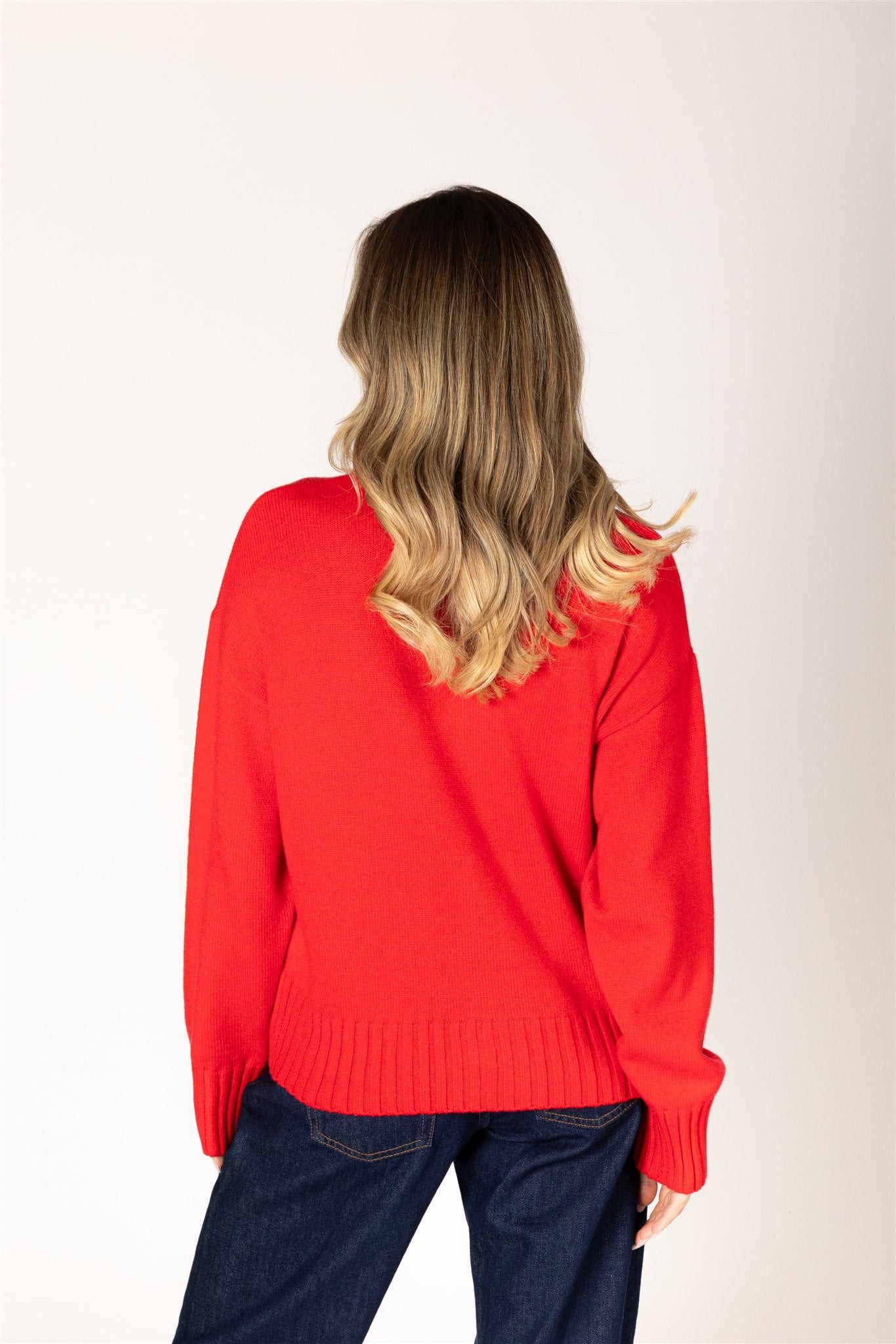 Lyla & Luxe Beau Essentials Cardigan Poppy Red ribbed button-front back view — Cloud Nine Pajamas
