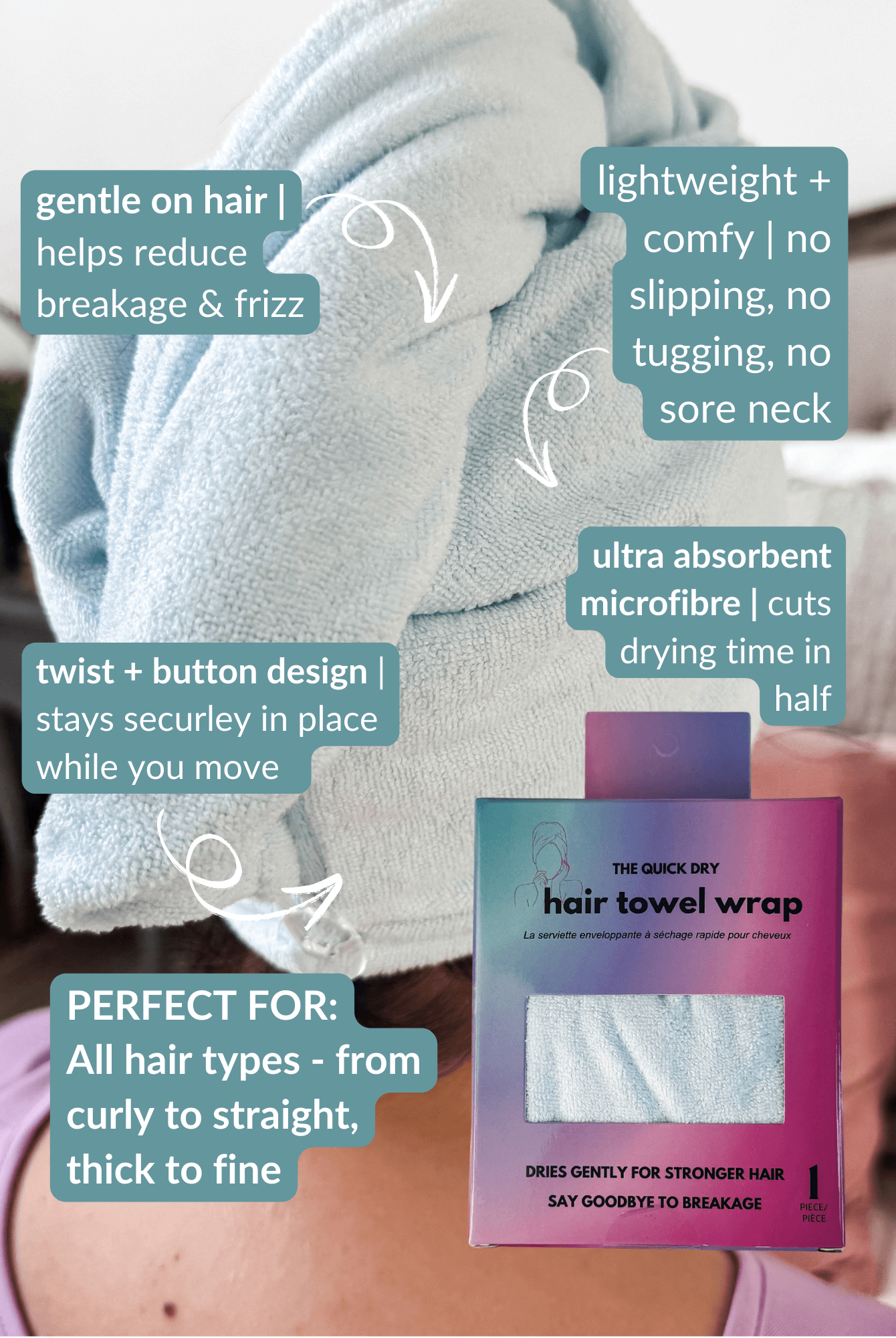 Hair towel wrap with text highlighting features and benefits, displayed on a person using it. Remove It Quick Dry Microfiber Hair Towel Wrap – Anti-Frizz