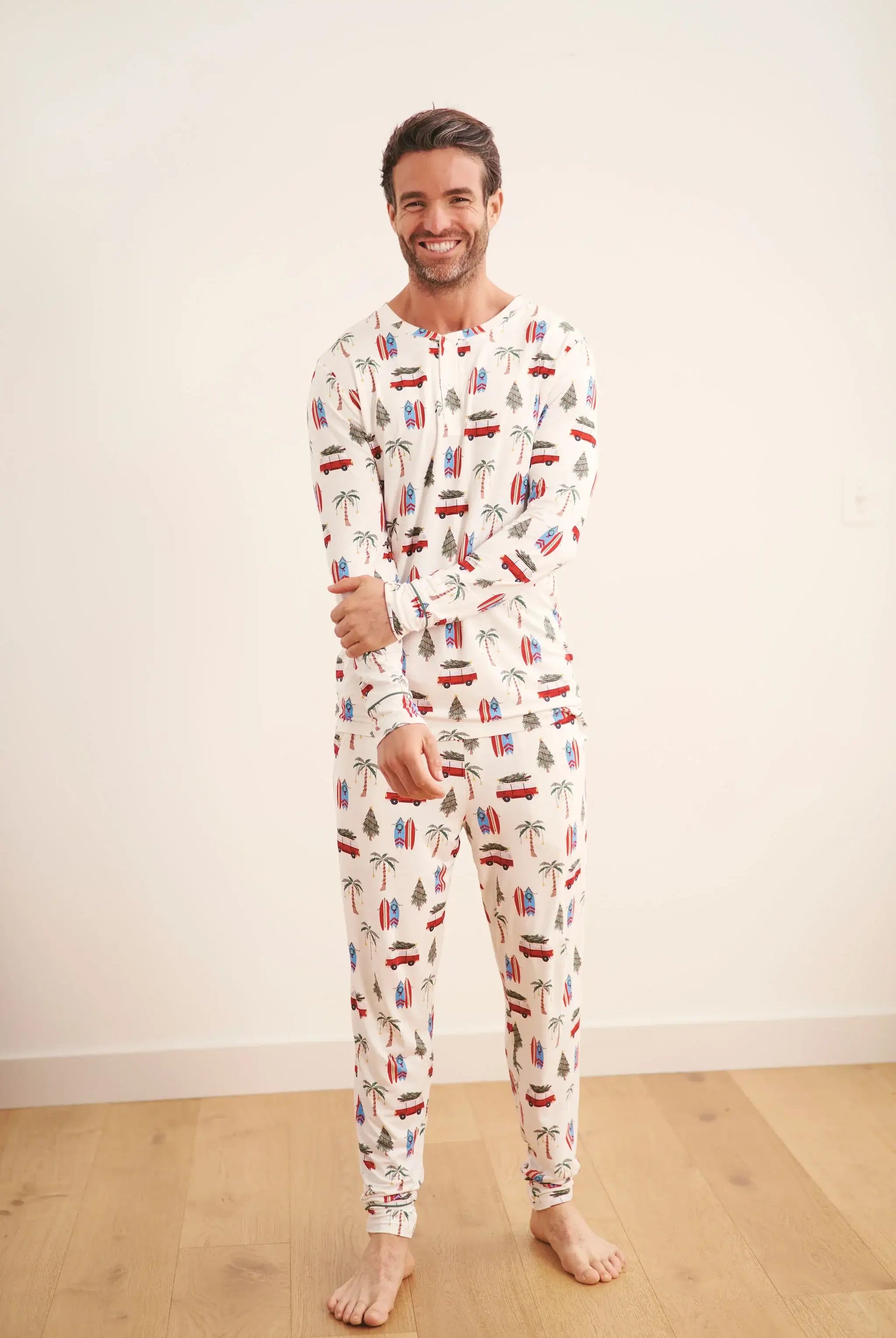 Cali Beachy Christmas Men's Bamboo Henley Jogger Set with festive design, perfect for holiday comfort and style.