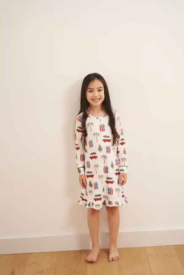 girls kid nightgown in cali beachy Christmas print with ruffle hem Bambi & Birdie
