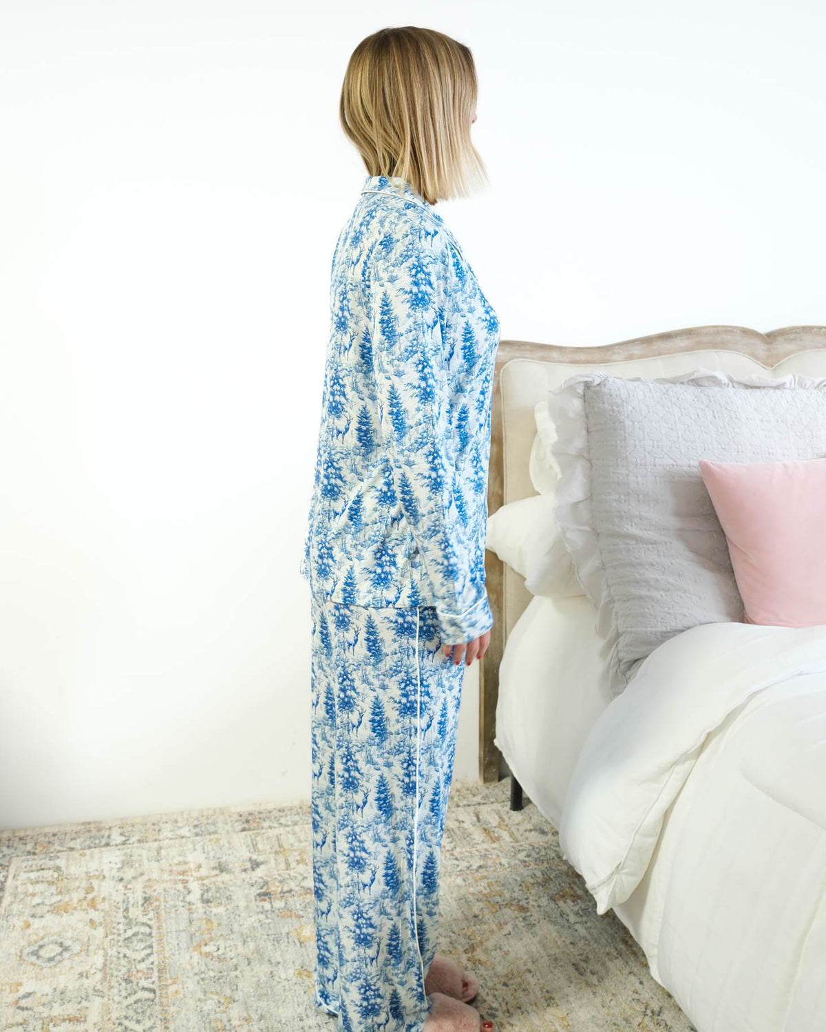 Georgia Rylan Midnight Forest Toile PJ Set side view piped cuffs outer seam detail — Cloud Nine Pajamas Edmonton