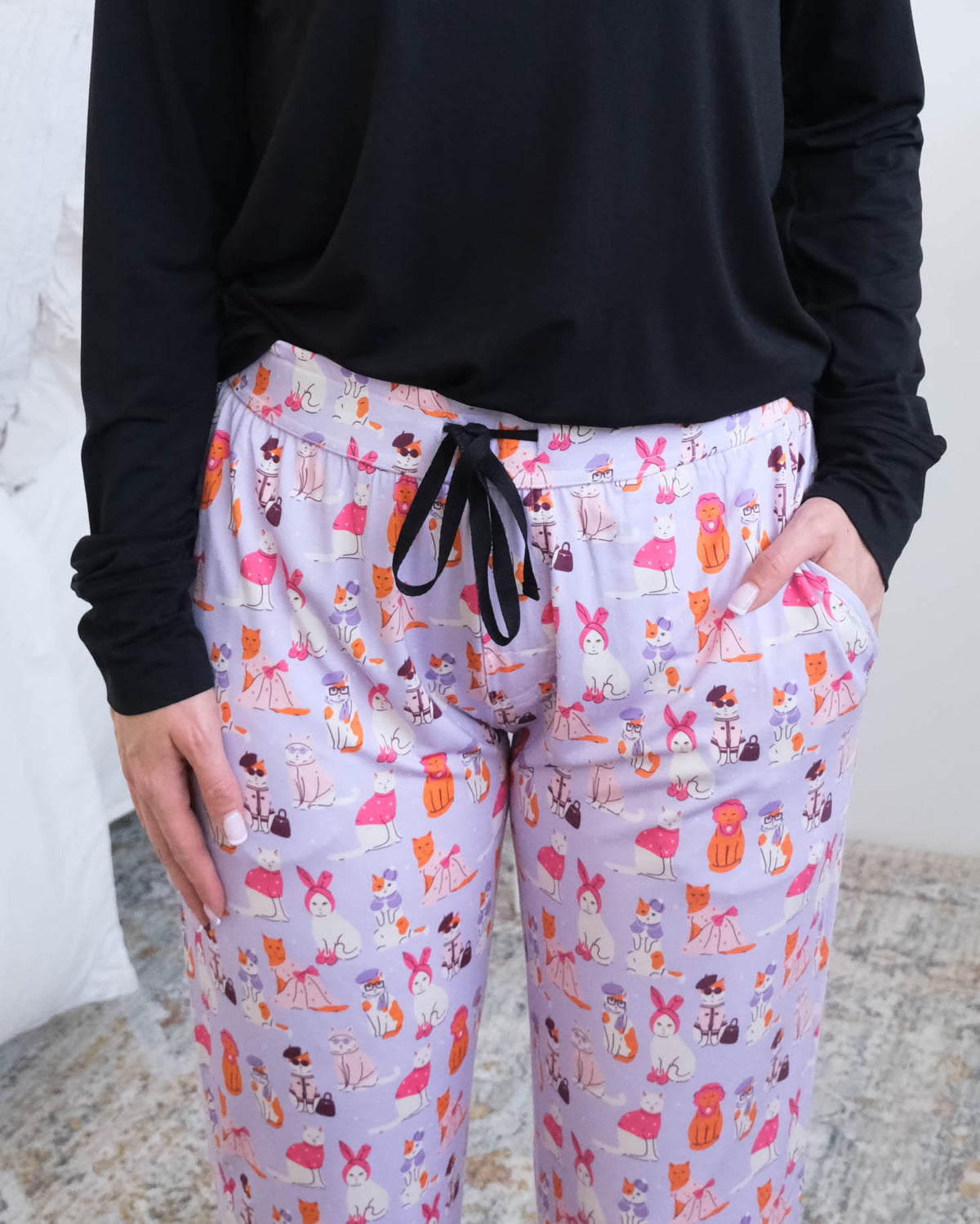 Georgia Rylan Black Long Sleeve Catwalk Print Jogger Bamboo PJ Set detailed shot of drawstring, waistband and pockets— Cloud Nine Pajamas Edmonton
