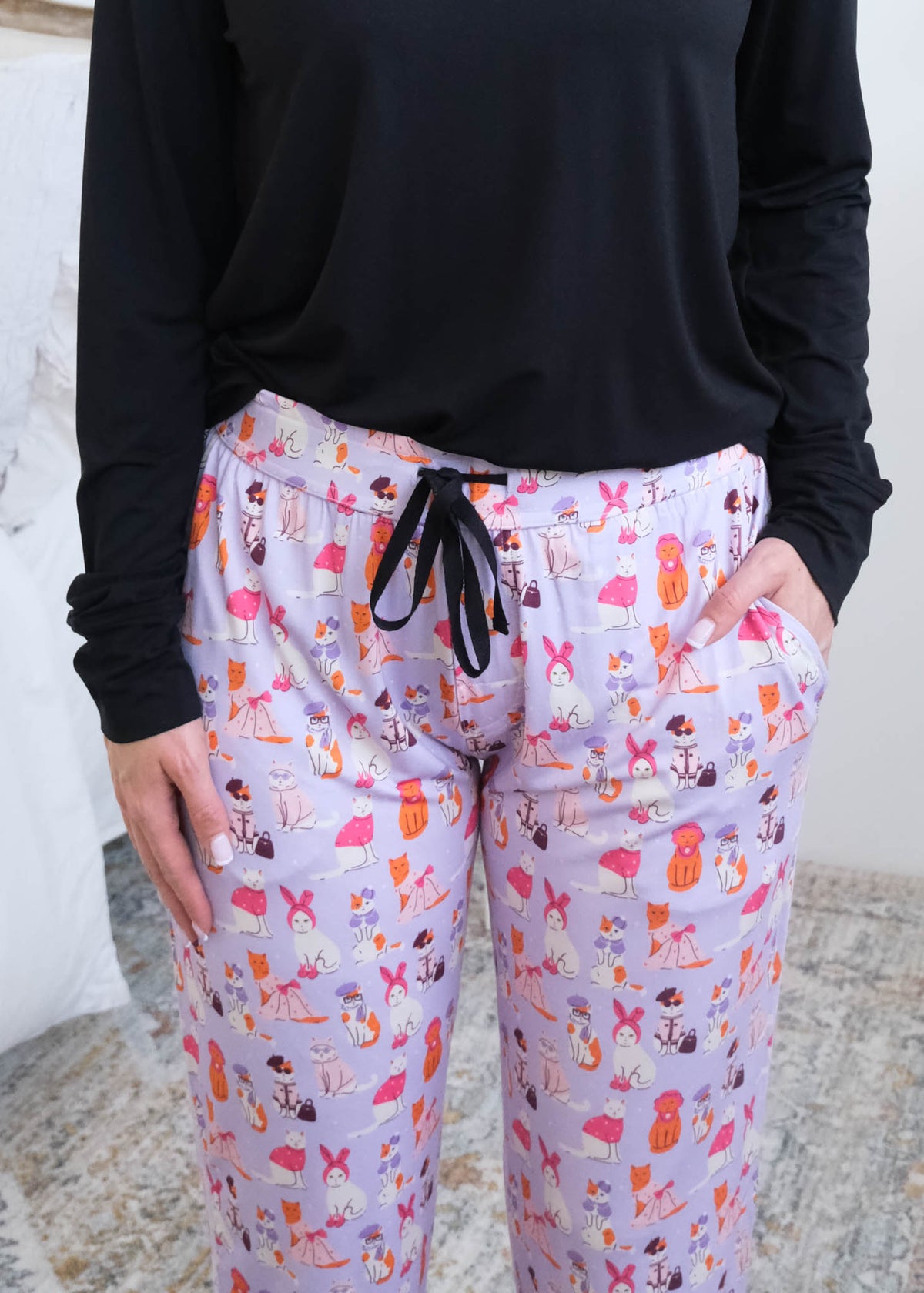 Georgia Rylan Black Long Sleeve Catwalk Print Jogger Bamboo PJ Set detailed shot of drawstring, waistband and pockets— Cloud Nine Pajamas Edmonton