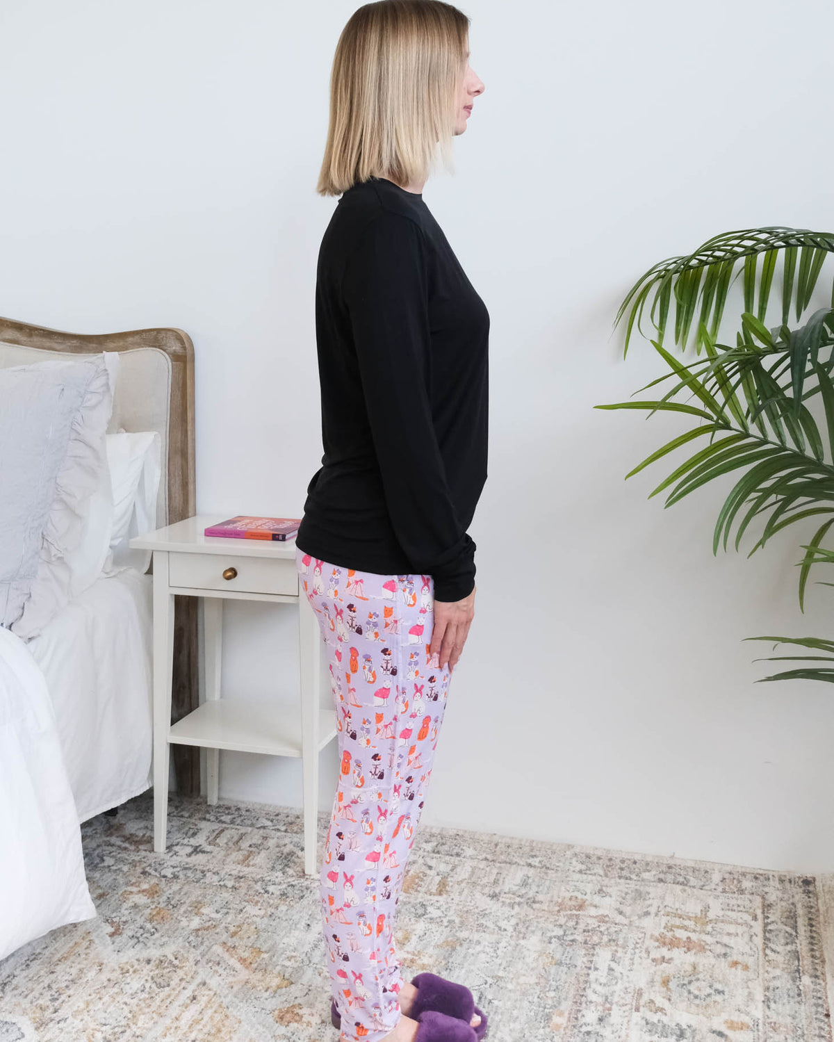 Georgia Rylan Black Long Sleeve Catwalk Print Jogger Bamboo PJ Set side view on model — Cloud Nine Pajamas Edmonton