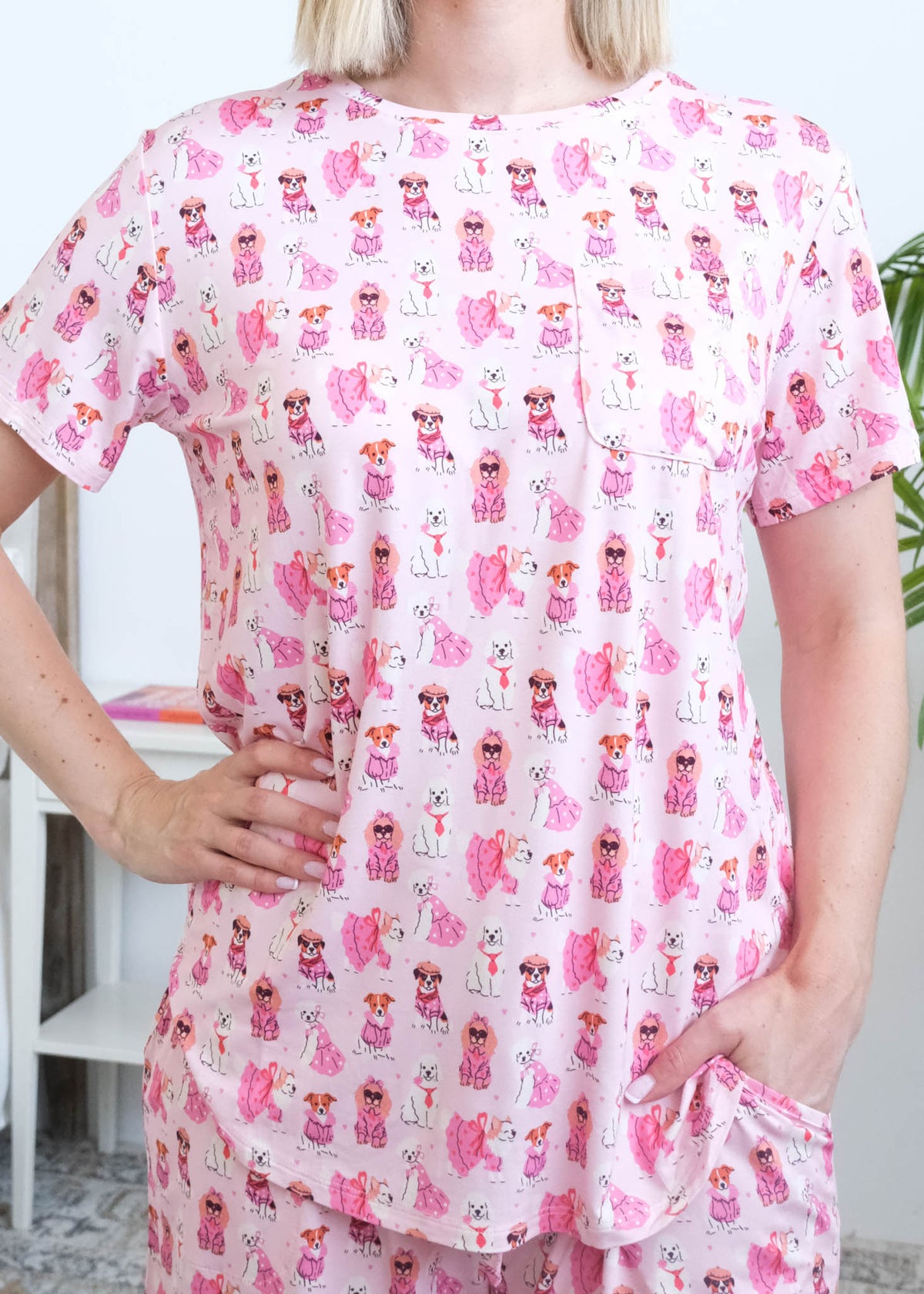 Georgia Rylan Chic Puppies Print Tee and Short Bamboo PJ Set close up of long tee shirt and pocket details — Cloud Nine Pajamas Edmonton