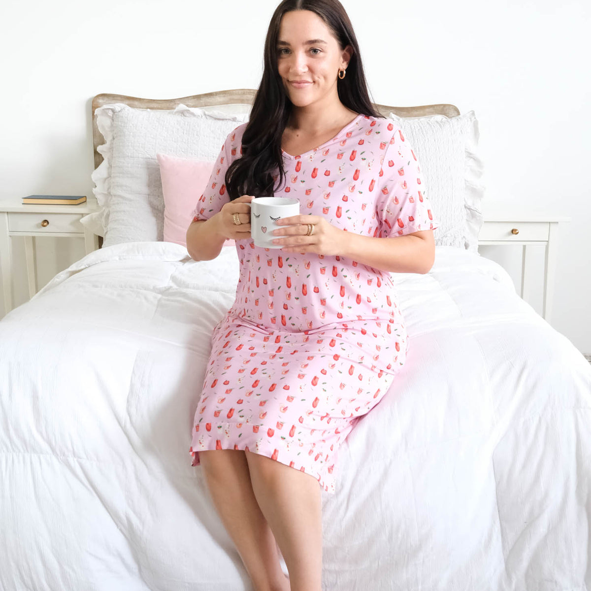 Georgia Rylan Cozy Cocktails Bamboo Nightshirt lifestyle seated model with mug looking up — Cloud Nine Pajamas Edmonton