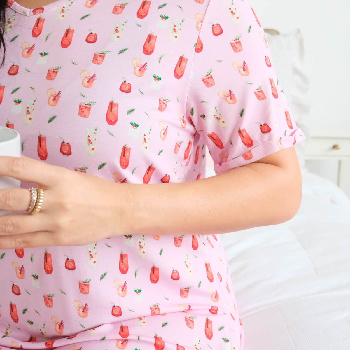 Georgia Rylan Cozy Cocktails bamboo nightshirt cocktail print close-up — Cloud Nine Pajamas Edmonton