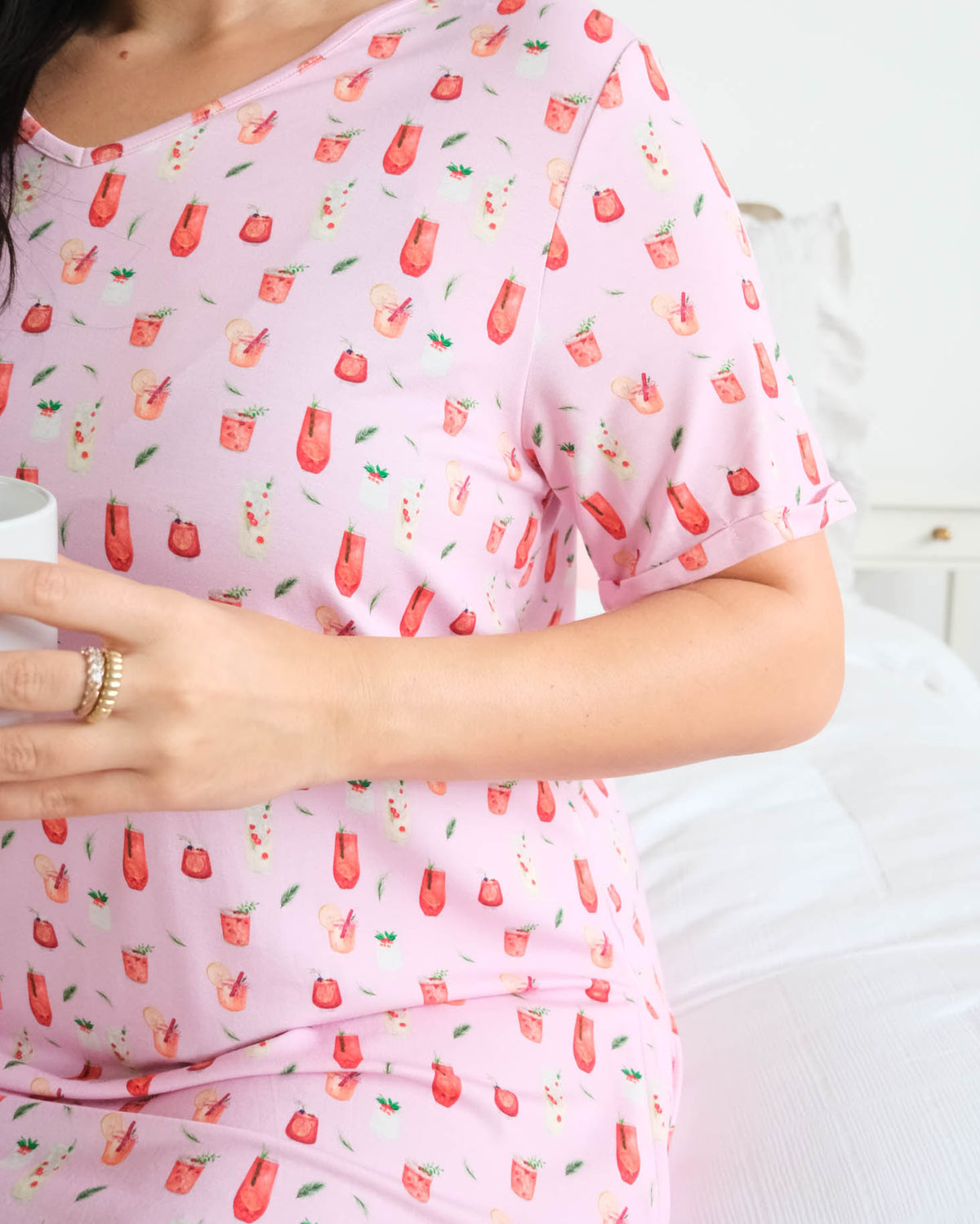 Georgia Rylan Cozy Cocktails bamboo nightshirt cocktail print close-up — Cloud Nine Pajamas Edmonton