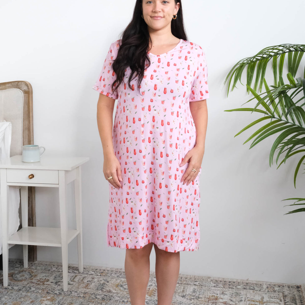 Georgia Rylan Cozy Cocktails V-Neck Bamboo Nightshirt lifestyle front view — Cloud Nine Pajamas Edmonton