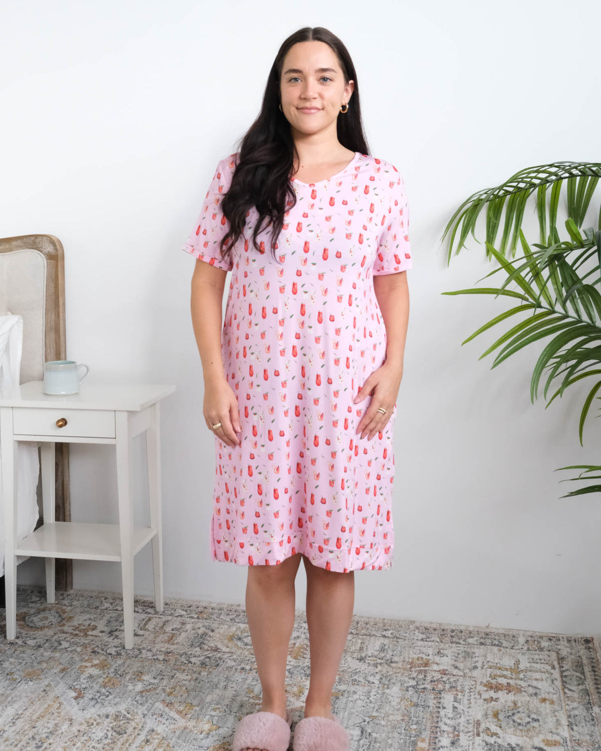 Georgia Rylan Cozy Cocktails V-Neck Bamboo Nightshirt lifestyle front view — Cloud Nine Pajamas Edmonton