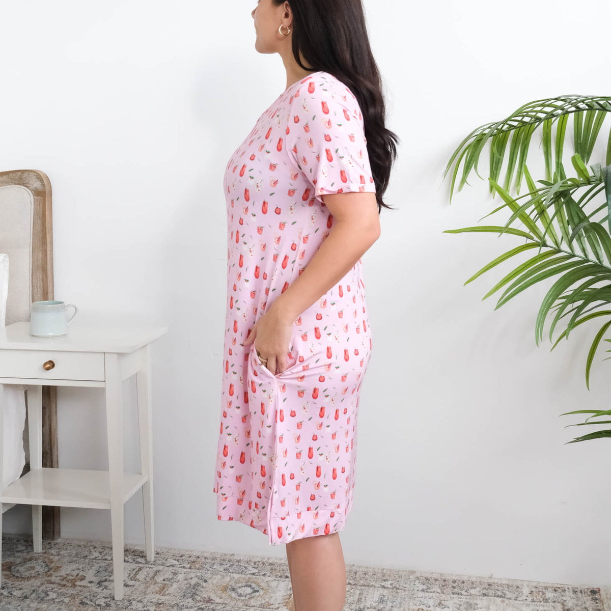 Georgia Rylan Cozy Cocktails Bamboo Nightshirt side view side slit hem — Cloud Nine Pajamas Edmonton
