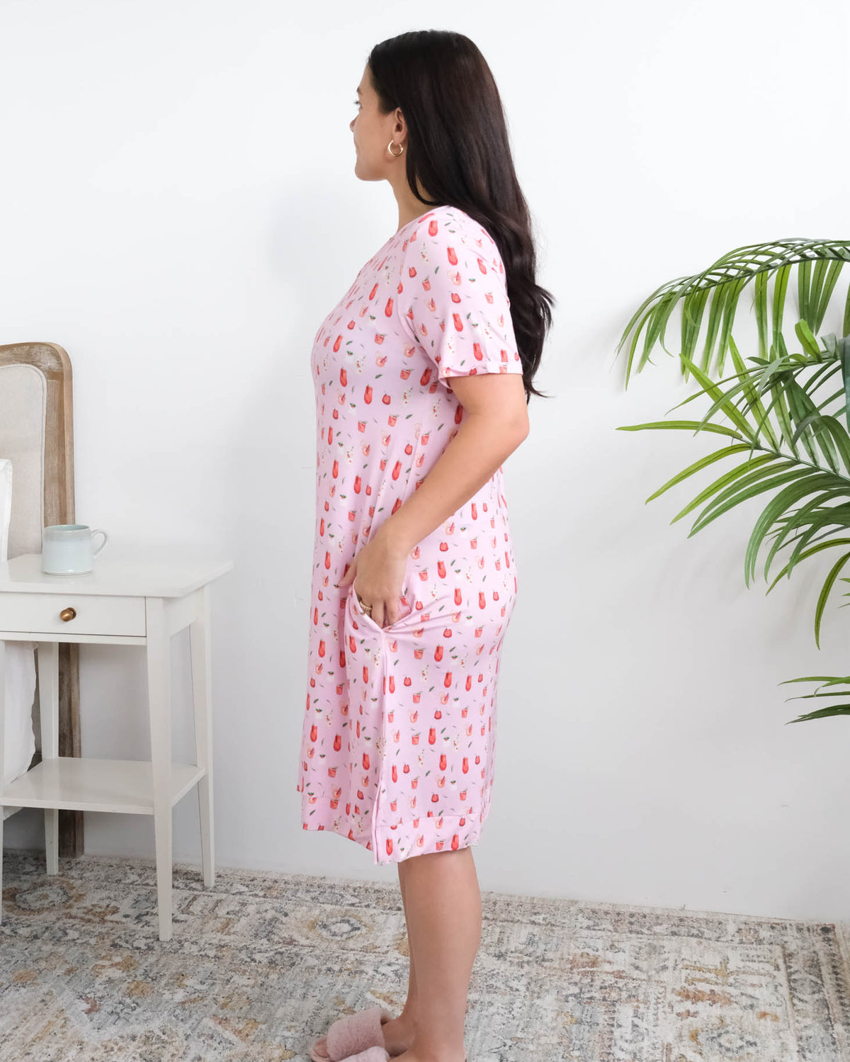 Georgia Rylan Cozy Cocktails Bamboo Nightshirt side view side slit hem — Cloud Nine Pajamas Edmonton