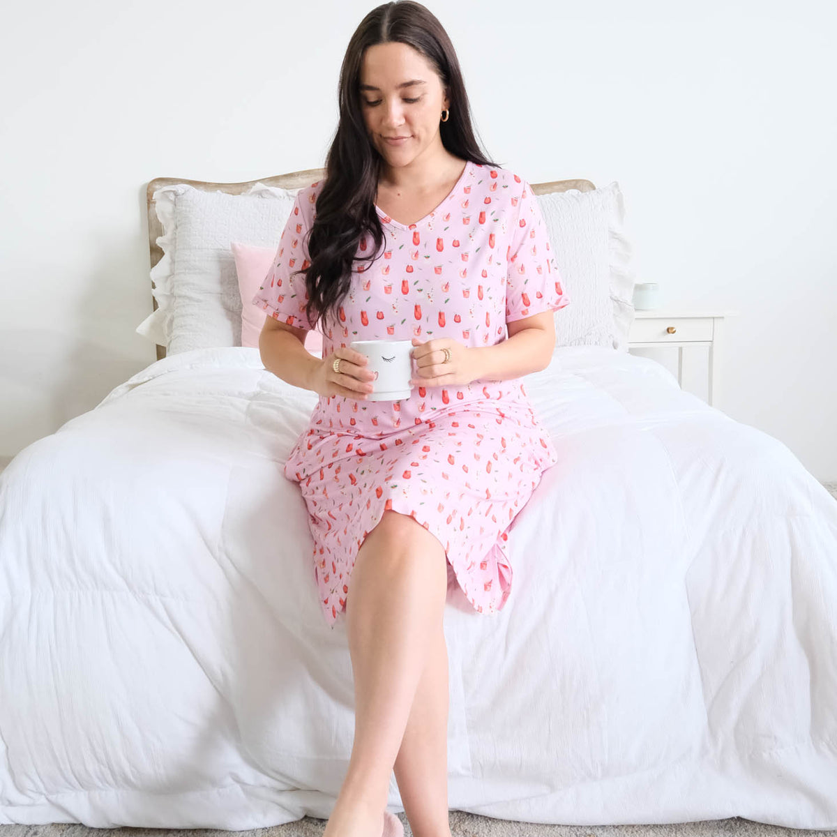 Georgia Rylan Cozy Cocktails Bamboo Nightshirt lifestyle seated model with mug — Cloud Nine Pajamas Edmonton