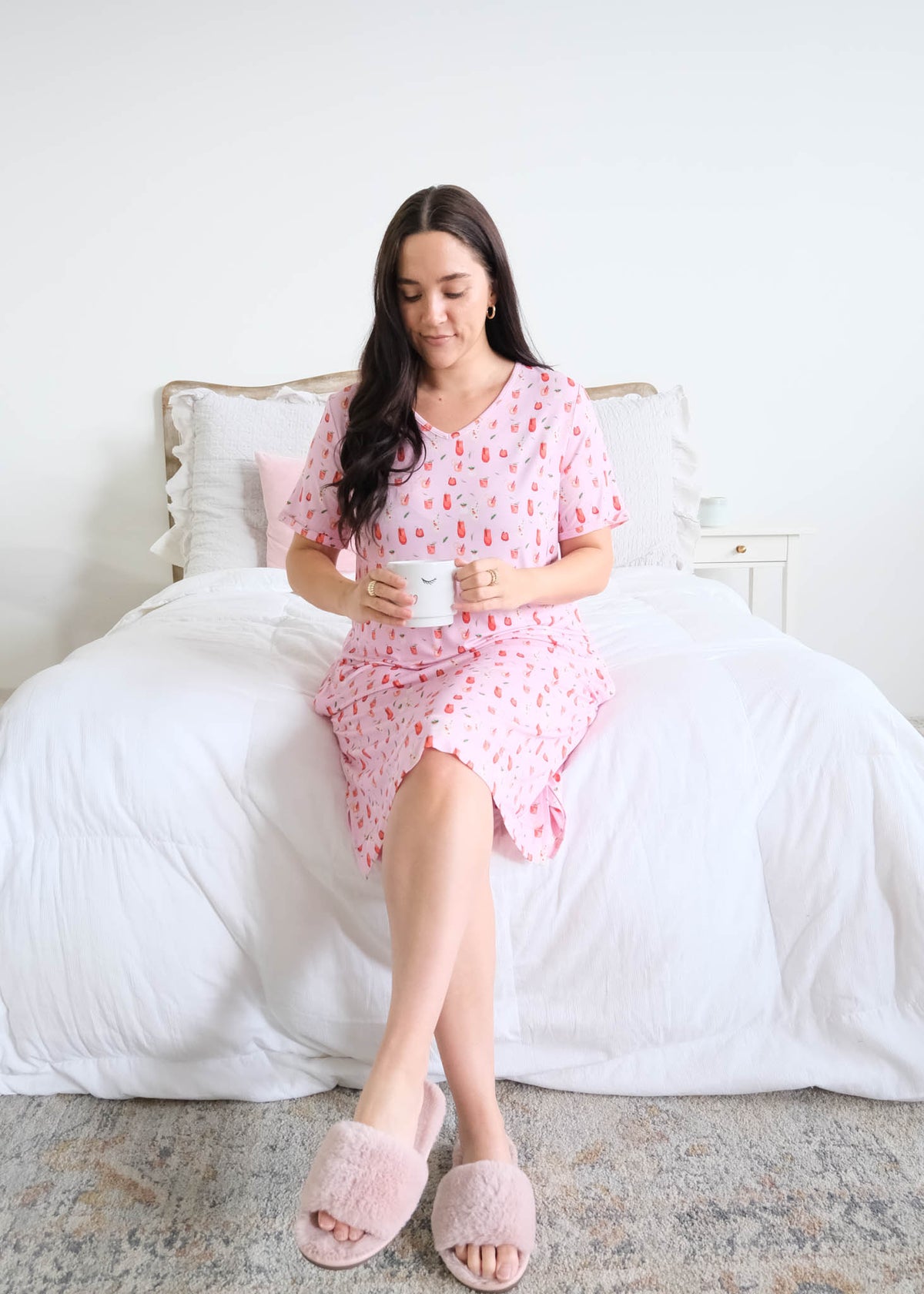 Georgia Rylan Cozy Cocktails Bamboo Nightshirt lifestyle seated model with mug — Cloud Nine Pajamas Edmonton