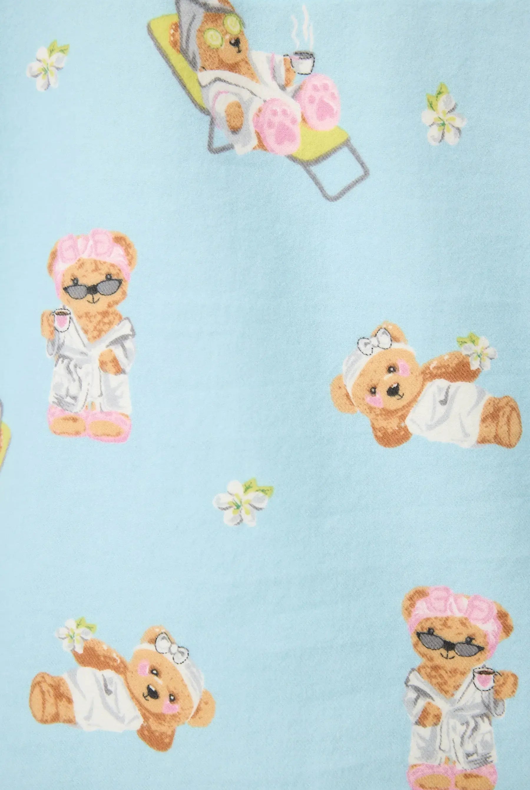 Beary Cute Bear print featuring adorable bears in spa attire on a blue flannel fabric for the Beary Cute Bear PJ Set.