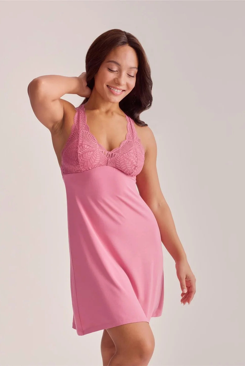Fleur't Belle Epoque Full Bust Chemise Lipstick pink front view on model — Cloud Nine Pajamas Edmonton