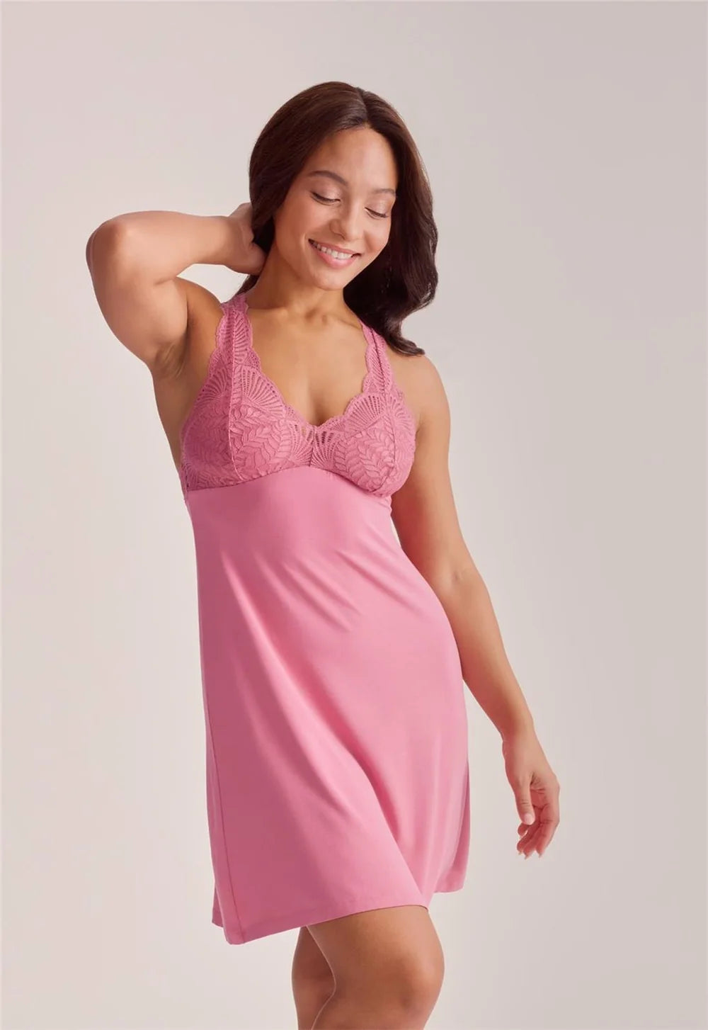 Fleur't Belle Epoque Full Bust Chemise Lipstick pink front view on model — Cloud Nine Pajamas Edmonton