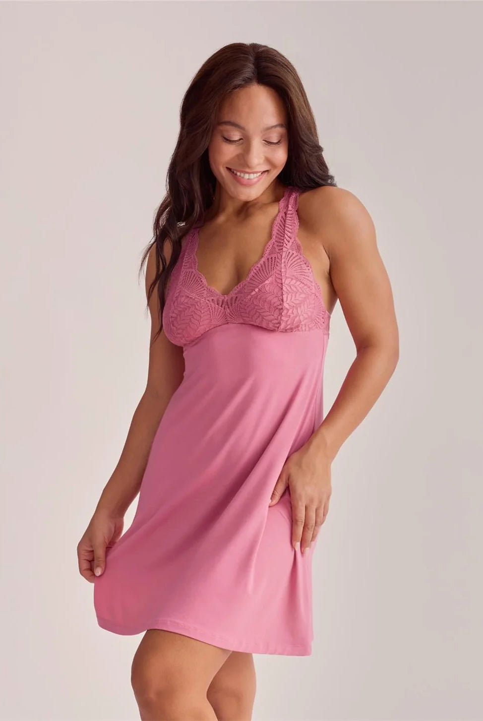 Fleur't Belle Epoque Chemise Lipstick model side view showing 34" length — Cloud Nine Pajamas