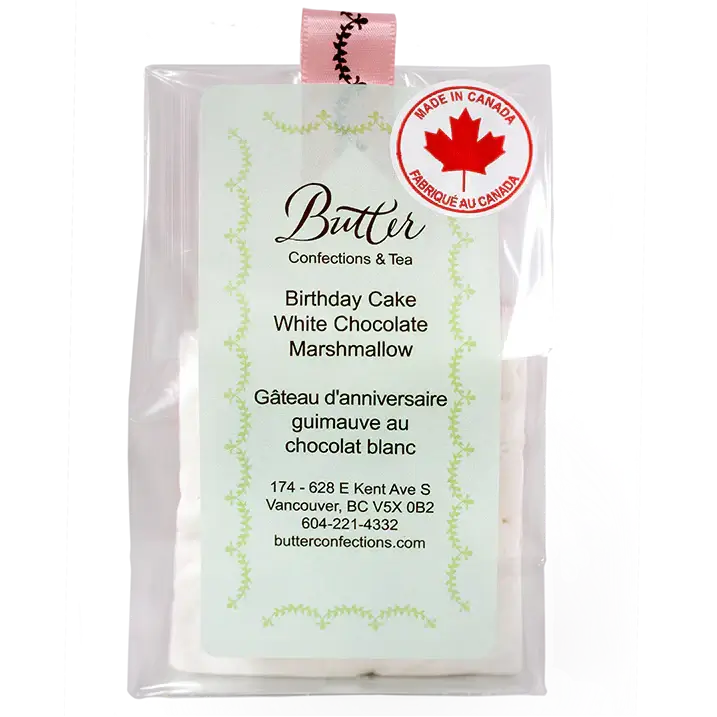 Butter Confections Large Cut Chocolate Dipped Marshmallows in elegant packaging, featuring a birthday cake themed white chocolate marshmallow.