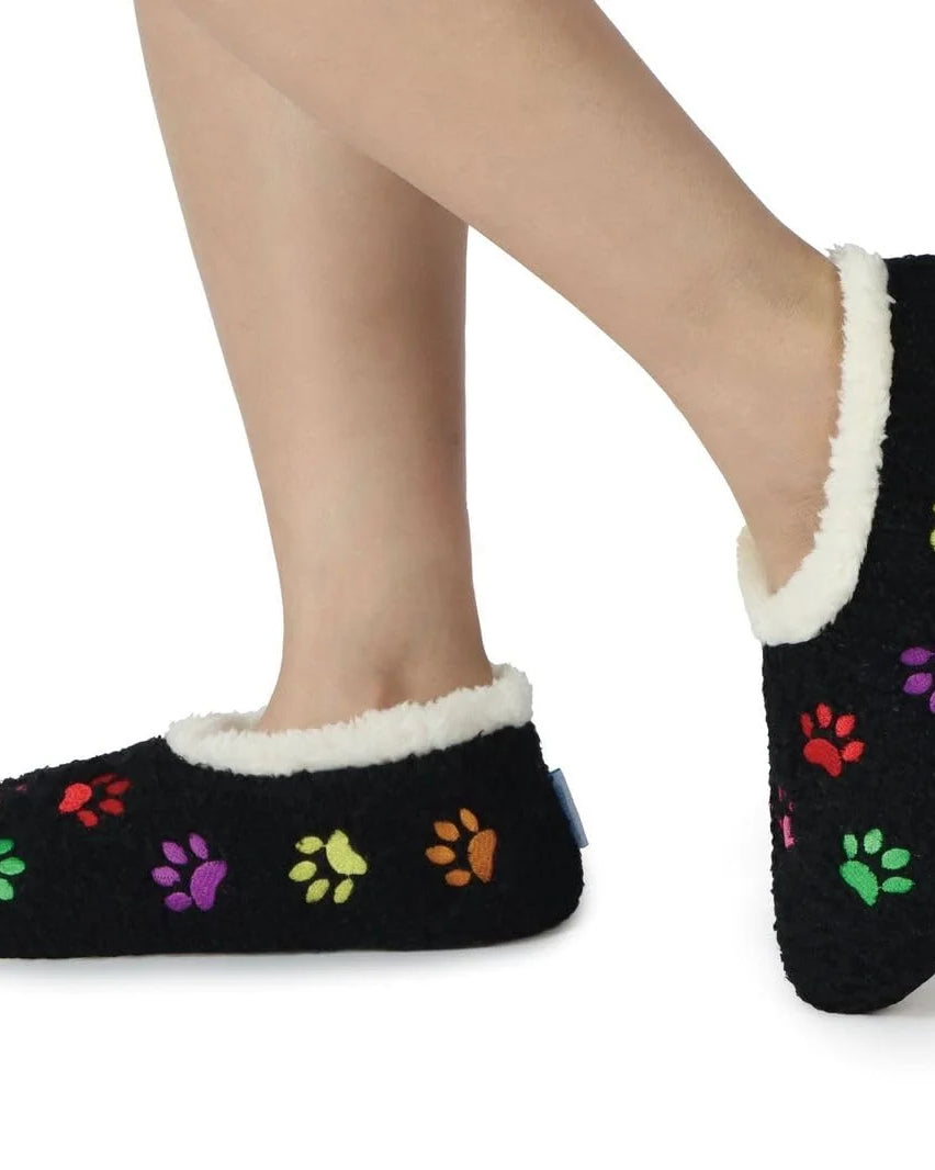 Snoozies Mini Embroidery Slipper Socks Mini Paws Black lifestyle on feet — Cloud Nine Pajamas Edmonton