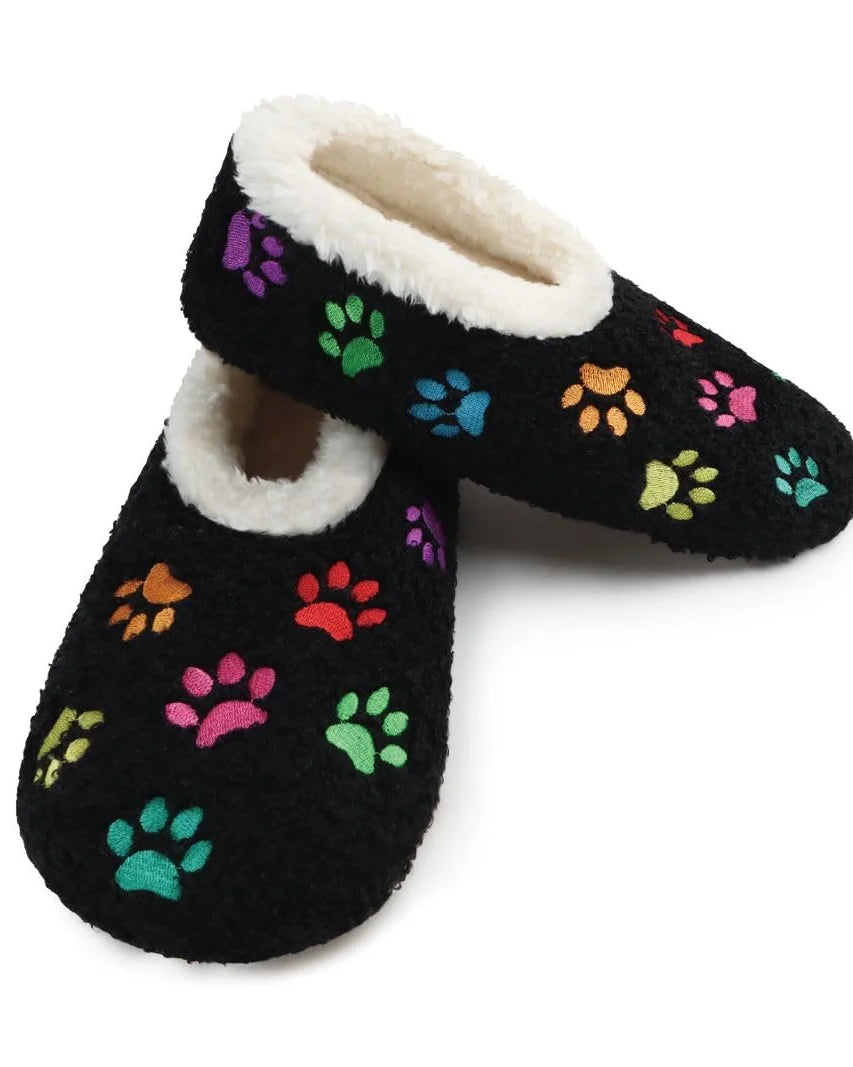 Snoozies Mini Embroidery Slipper Socks Mini Paws Black embroidered paw prints side view — Cloud Nine Pajamas Edmonton