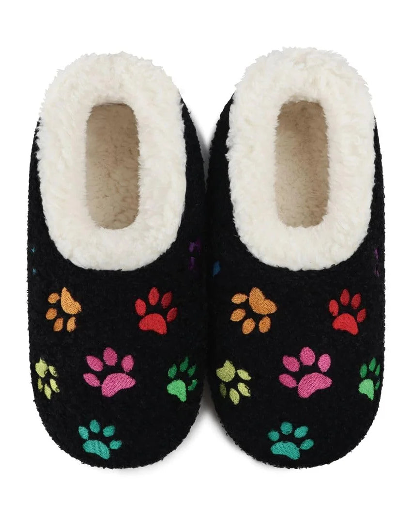 Snoozies Mini Embroidery Slipper Socks Mini Paws Black embroidered paw prints front view — Cloud Nine Pajamas Edmonton