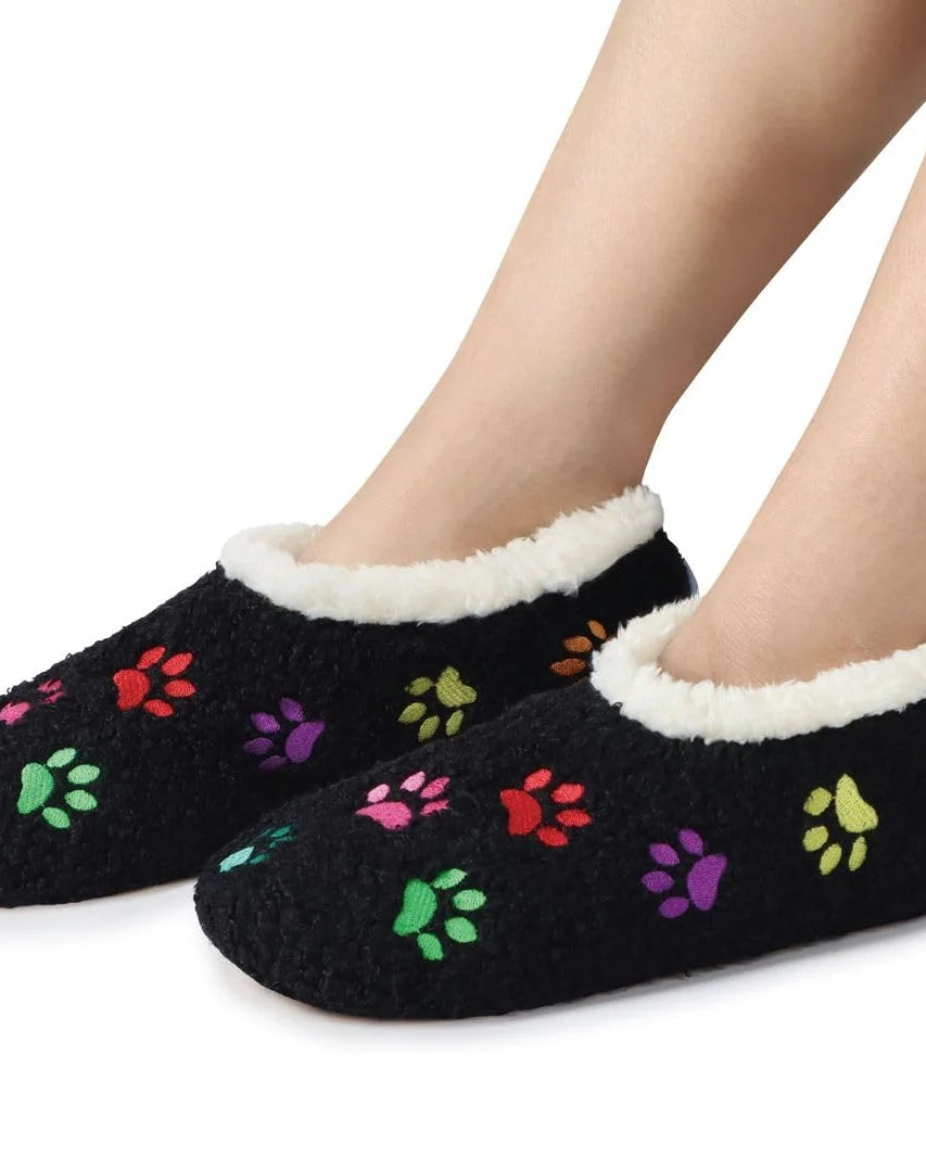 Snoozies Mini Embroidery Slipper Socks Mini Paws Black lifestyle on feet from side— Cloud Nine Pajamas Edmonton