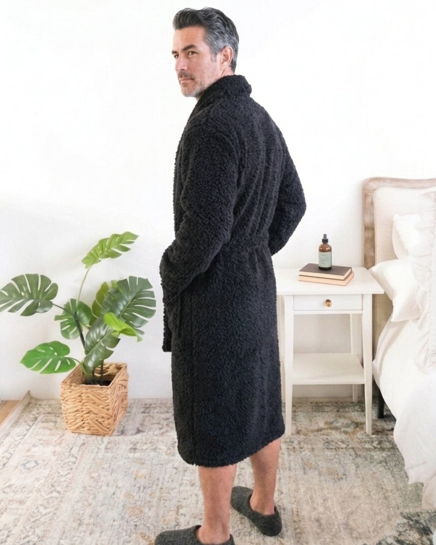 Lounge by Jan Marie Chenille Cloud Spa Robe Jet Black male model full length — Cloud Nine Pajamas Edmonton