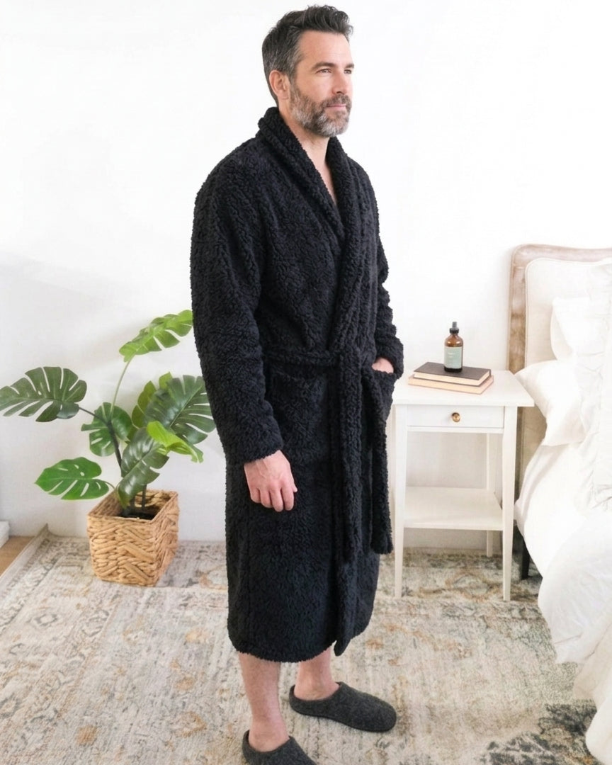Lounge by Jan Marie Chenille Cloud Spa Robe Jet Black male model side view — Cloud Nine Pajamas Edmonton