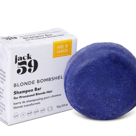 Jack59 Travel Buddies Shampoo Bar in blonde bombshell formula for processed blonde hair, eco-friendly packaging.