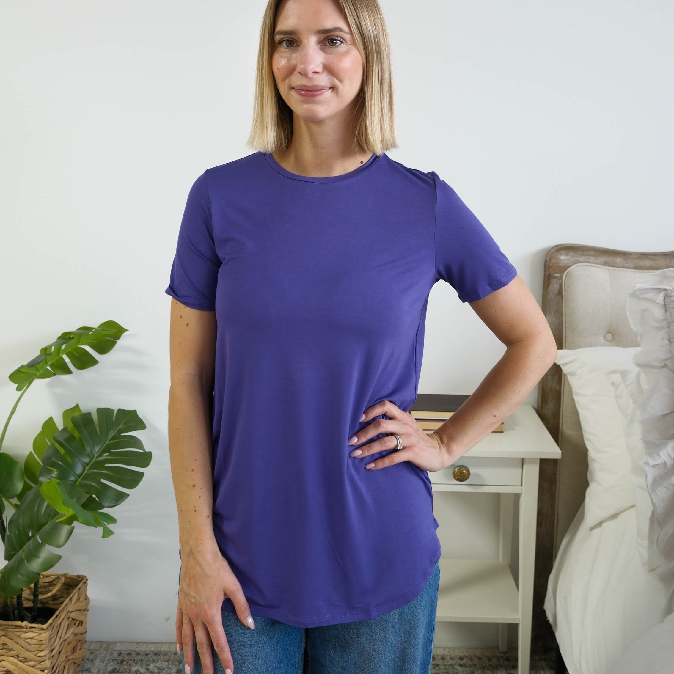 Georgia Rylan Essential Bamboo Tee Blueberry — Miranda 5'7" wearing Small, styled with wide-leg denim — Cloud Nine Pajamas Edmonton