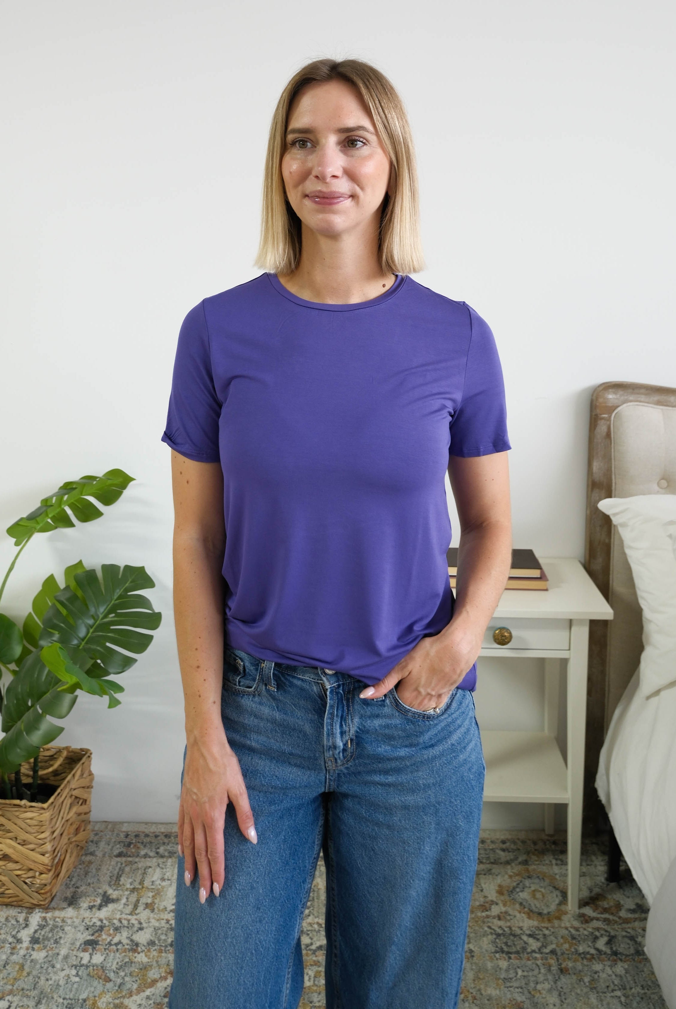 Georgia Rylan Essential Bamboo Tee Blueberry — Miranda 5'7" wearing Small, styled with wide-leg denim — Cloud Nine Pajamas Edmonton