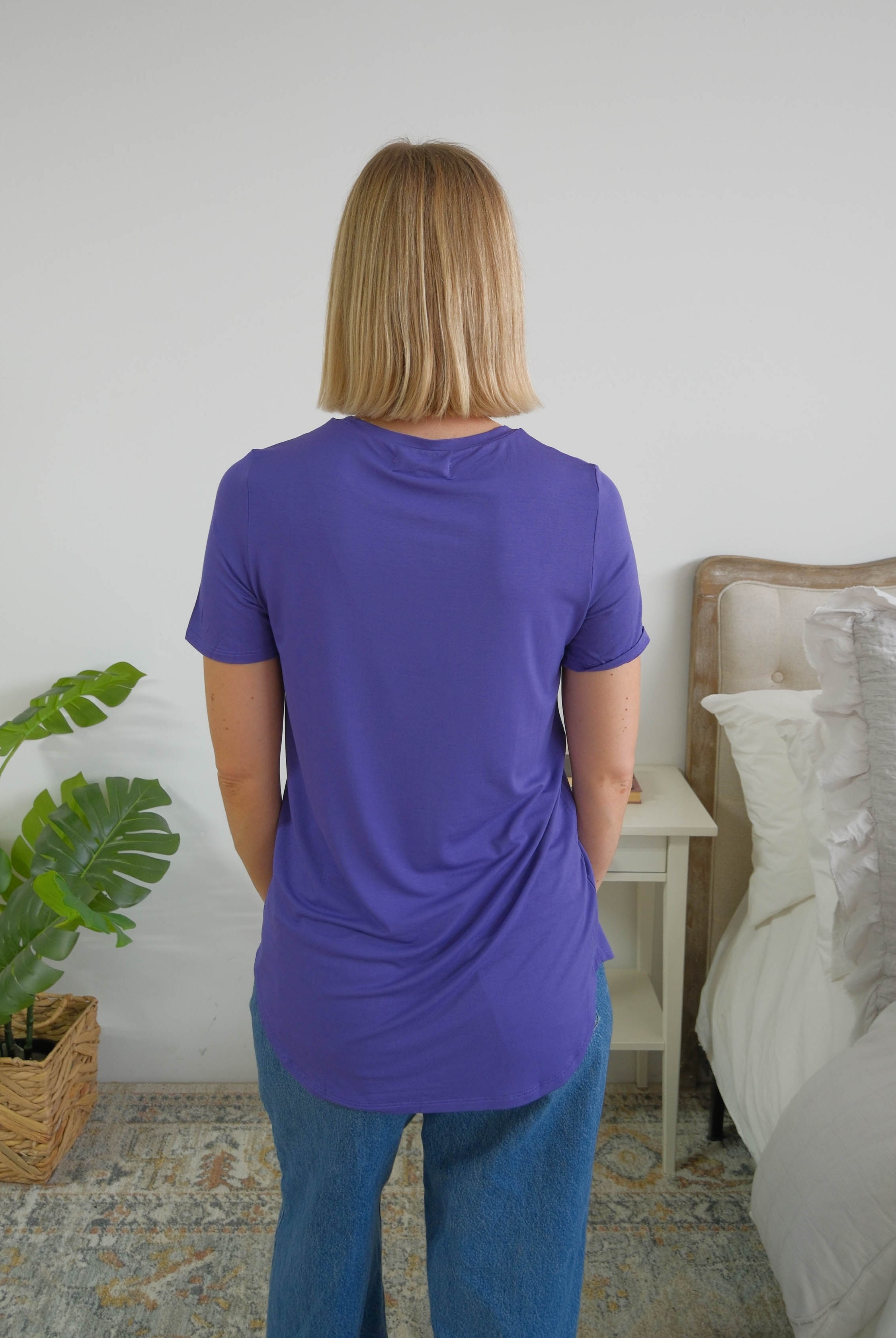 Georgia Rylan Blueberry bamboo tee back view curved hem — Cloud Nine Pajamas