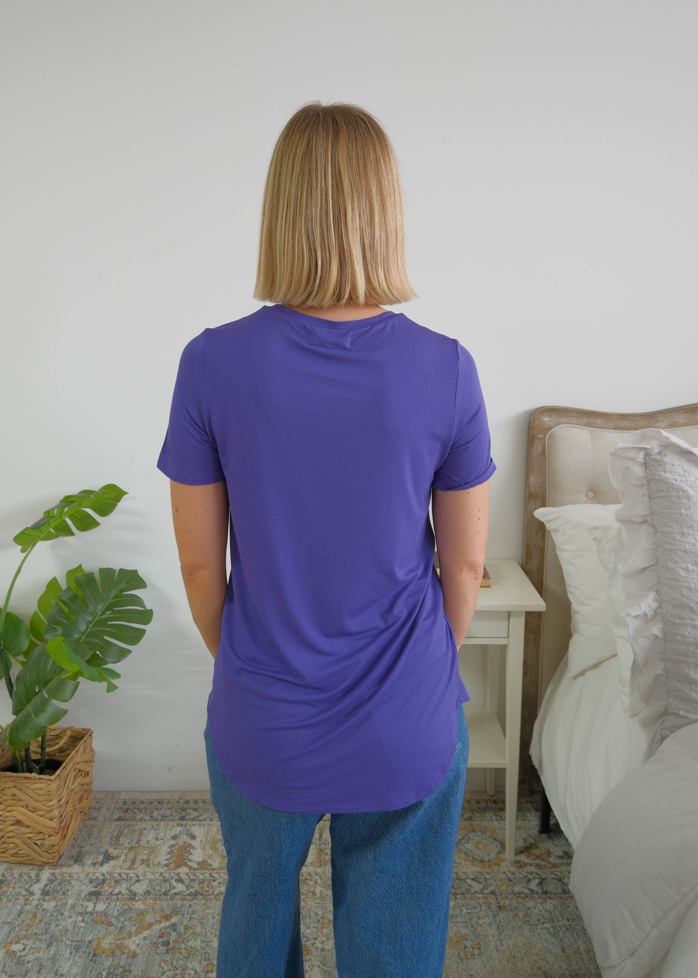 Georgia Rylan Blueberry bamboo tee back view curved hem — Cloud Nine Pajamas