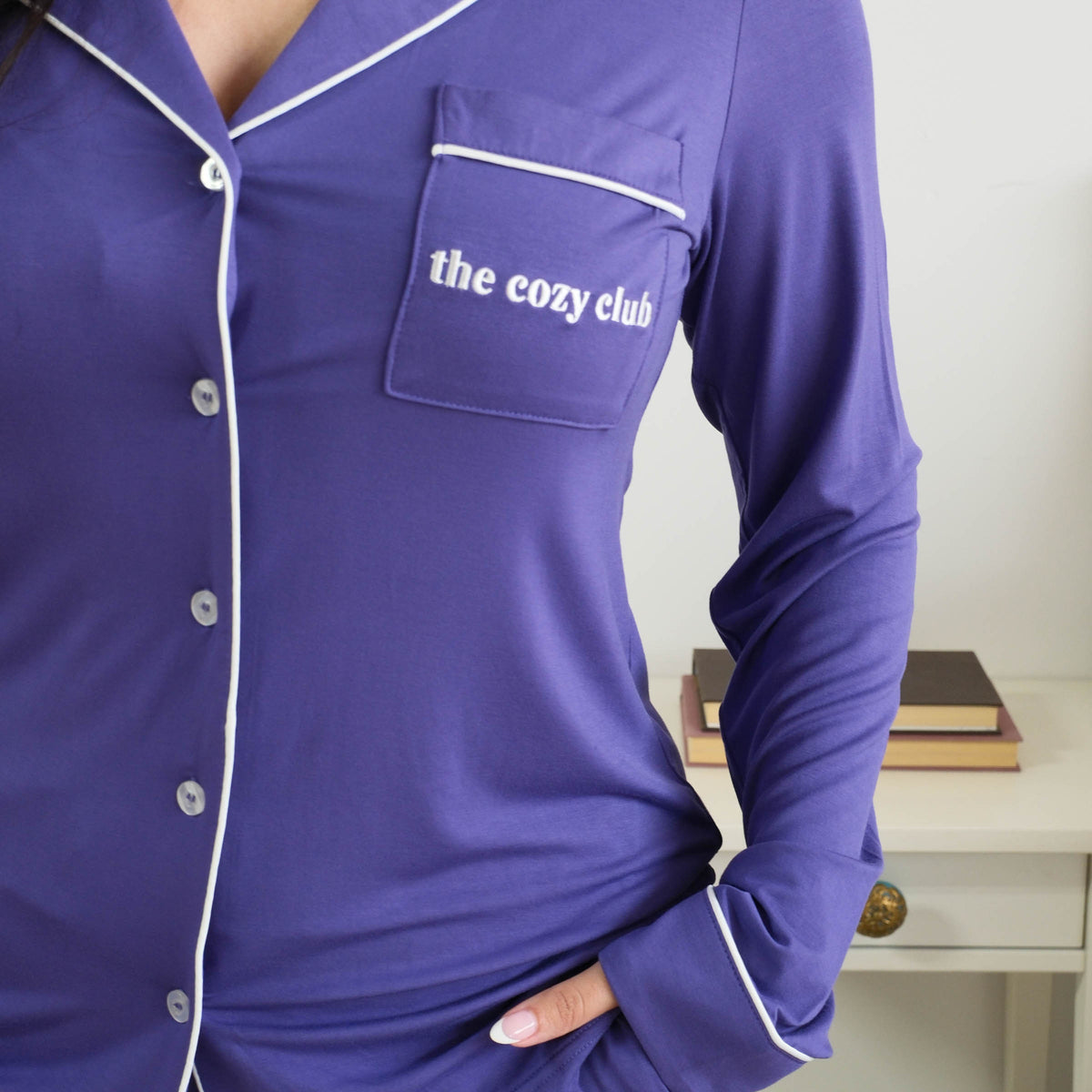 Georgia Rylan Blueberry PJ Set the cozy club chest pocket embroidery detail — Cloud Nine Pajamas