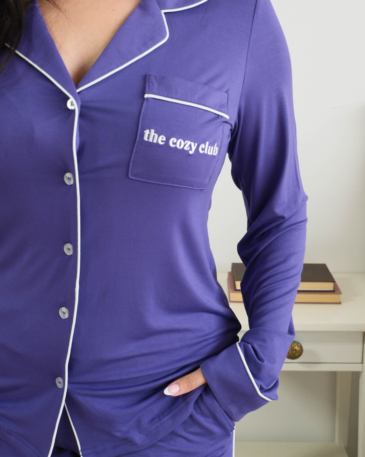Georgia Rylan Blueberry PJ Set the cozy club chest pocket embroidery detail — Cloud Nine Pajamas
