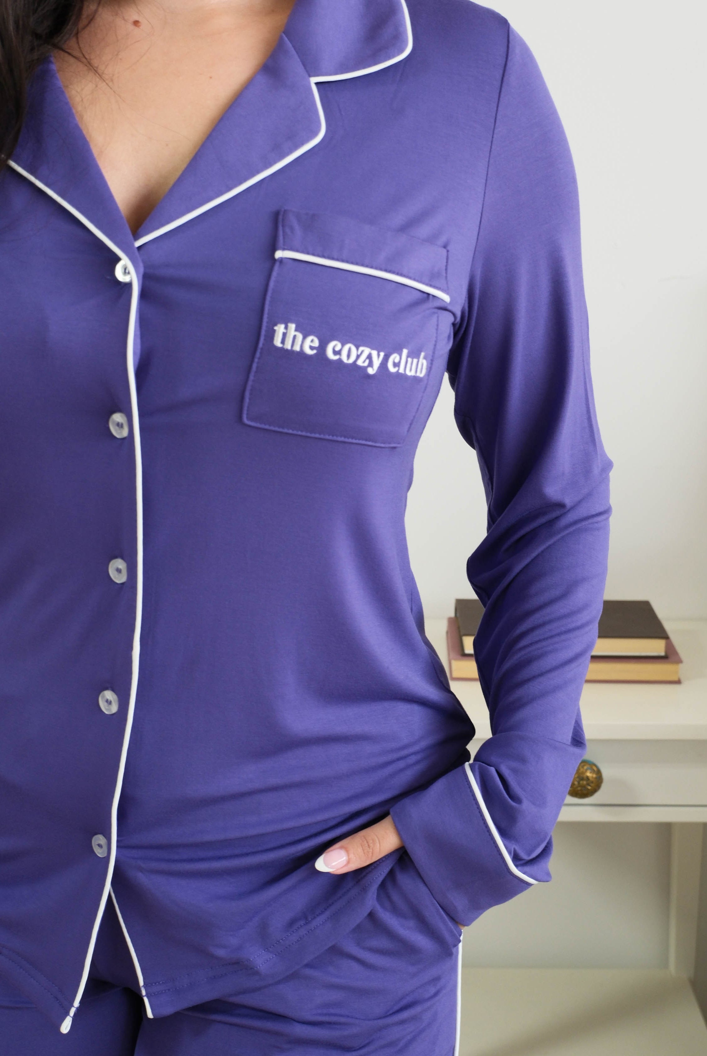 Georgia Rylan Blueberry PJ Set the cozy club chest pocket embroidery detail — Cloud Nine Pajamas