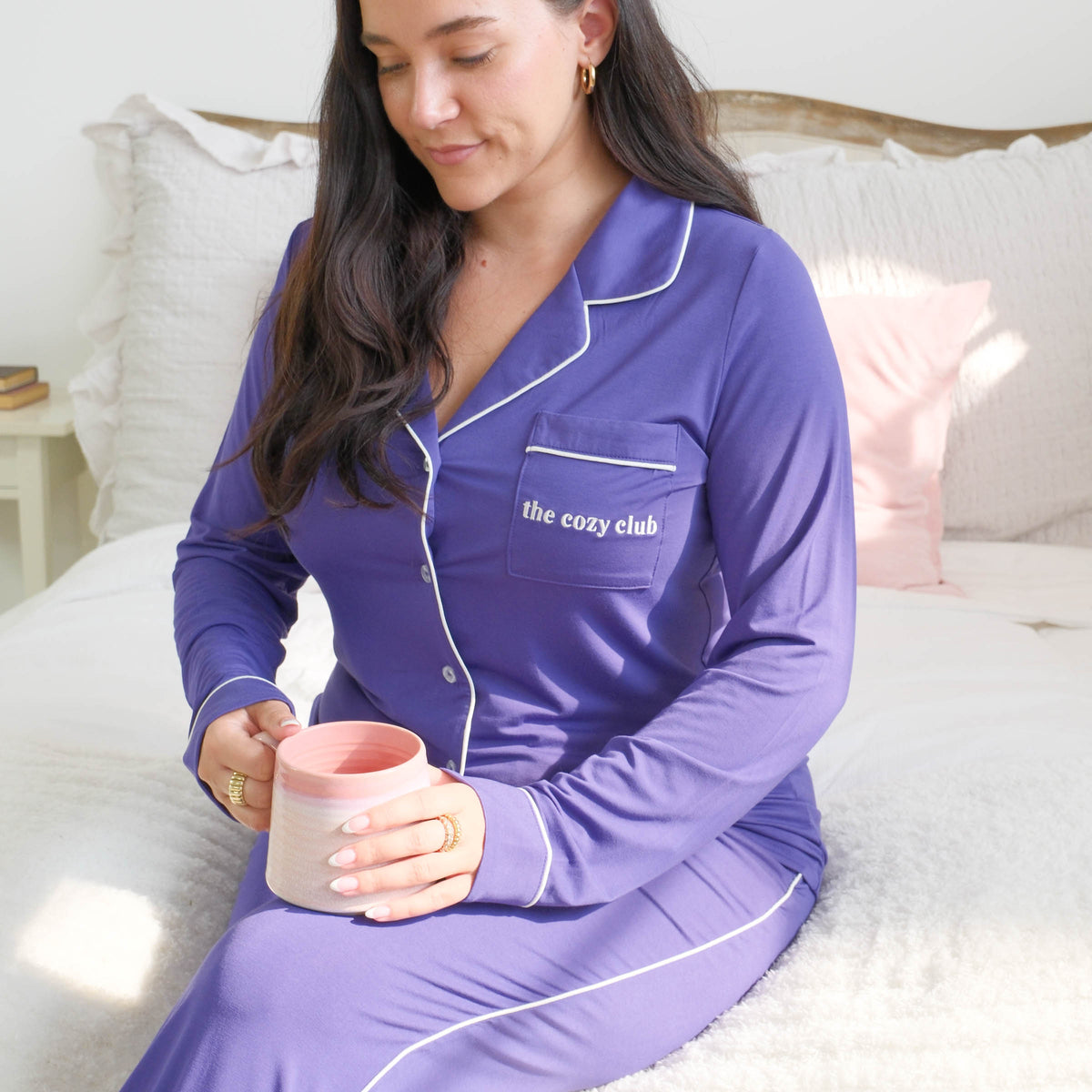 Georgia Rylan Bamboo Button-Up PJ Set Blueberry lifestyle — Cloud Nine Pajamas Edmonton
