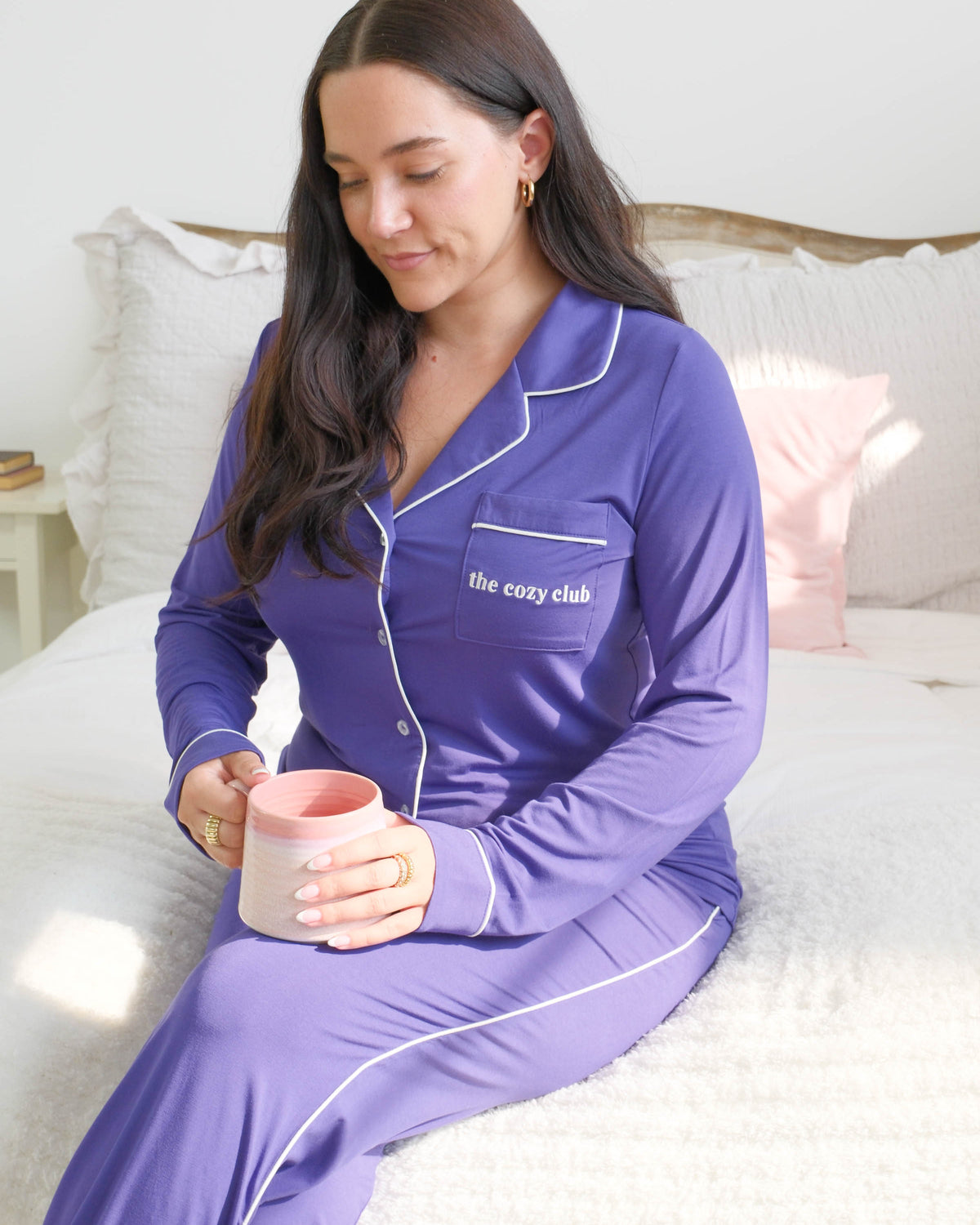 Georgia Rylan Bamboo Button-Up PJ Set Blueberry lifestyle — Cloud Nine Pajamas Edmonton