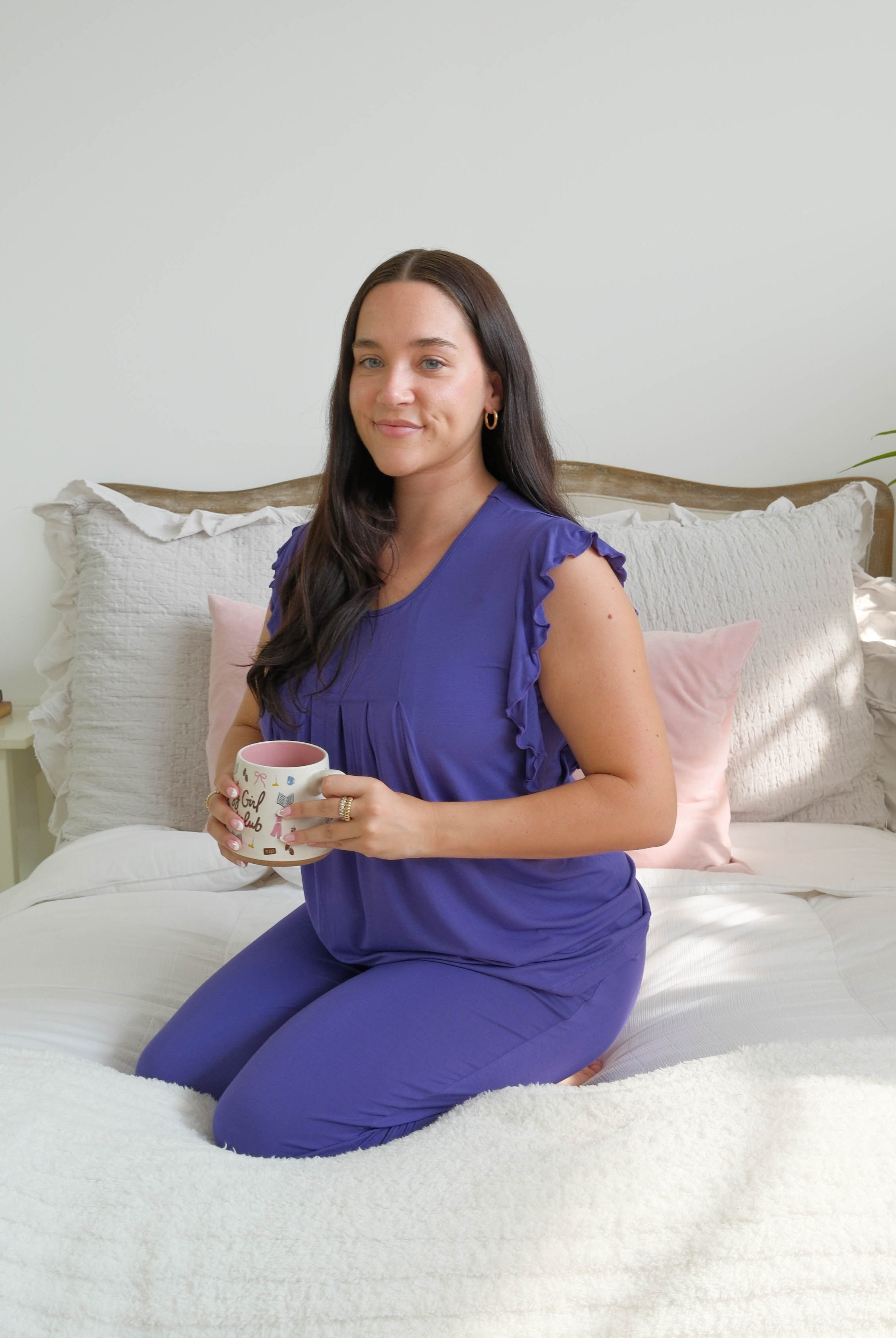 Georgia Rylan Bamboo Flutter Jogger PJ Set Blueberry lifestyle bedroom — Cloud Nine Pajamas Edmonton