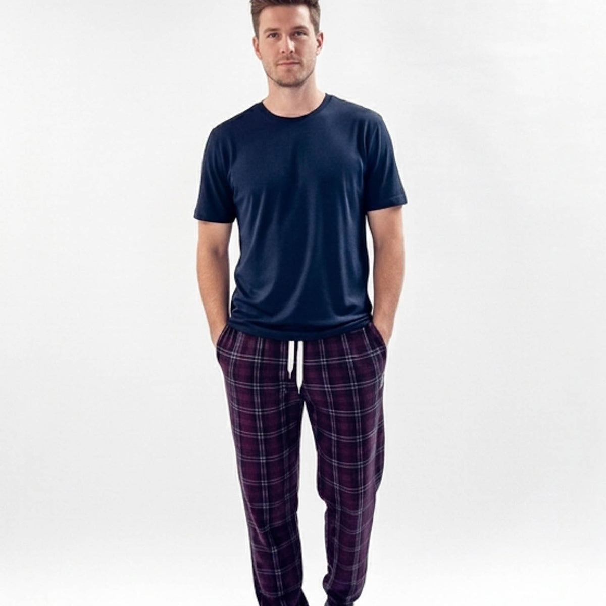 Bob's Sleepwear Co. Dark Red Plaid Bamboo Sleep Jogger Pant front view on model — Cloud Nine Pajamas Edmonton