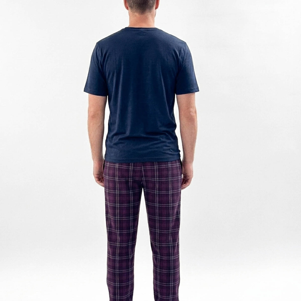 Bob's Sleepwear Co. Dark Red Plaid Bamboo Jogger Pant back view on model — Cloud Nine Pajamas Edmonton