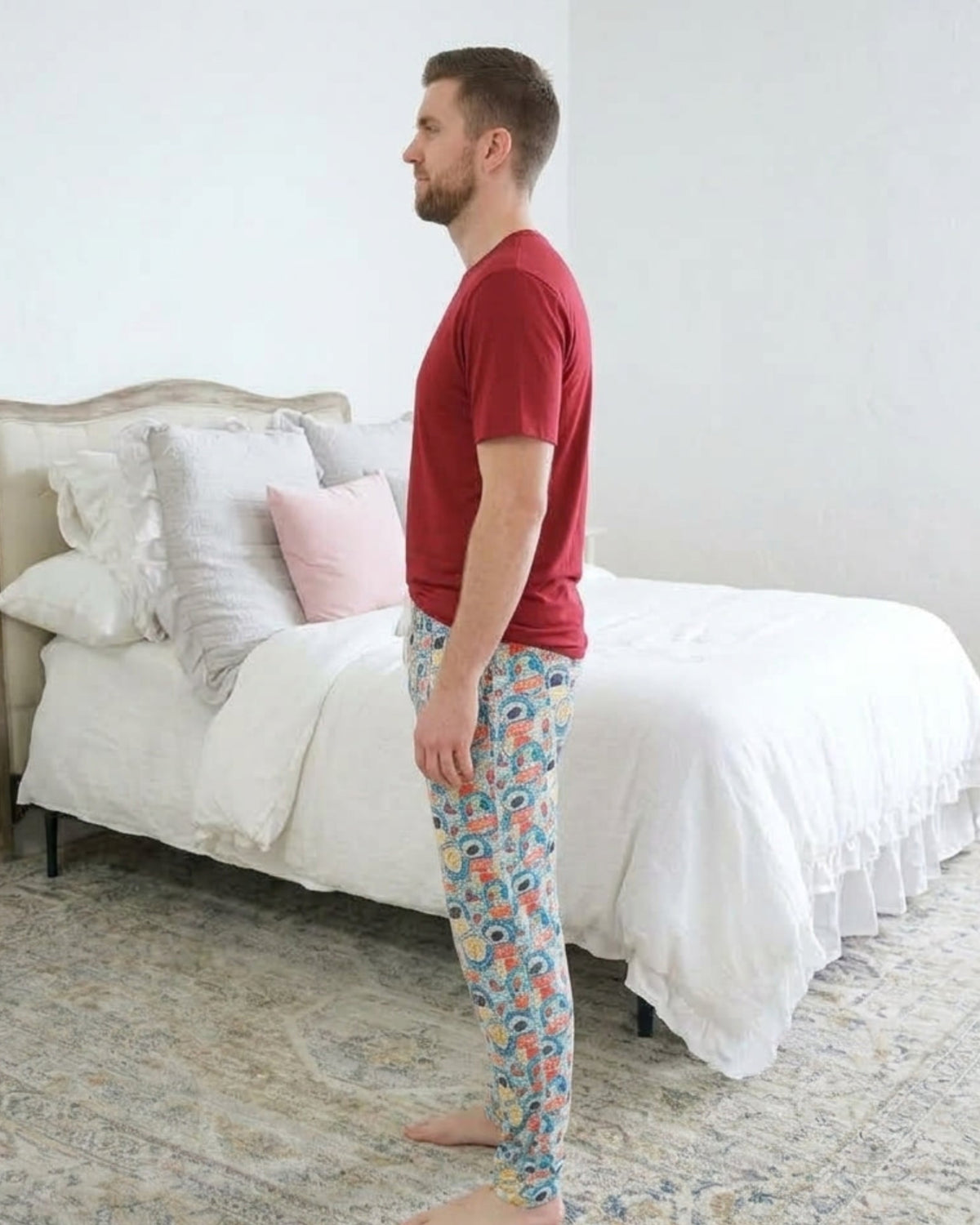 Bob's Sleepwear Co. Bamboo Sleep Tee Red side view with Hockey Club jogger pants — Cloud Nine Pajamas Edmonton