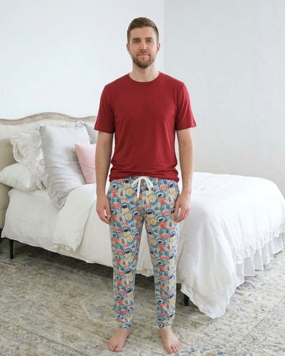 Bob's Sleepwear Co. Bamboo Sleep Tee Red on model with Hockey Club jogger pants front view — Cloud Nine Pajamas Edmonton