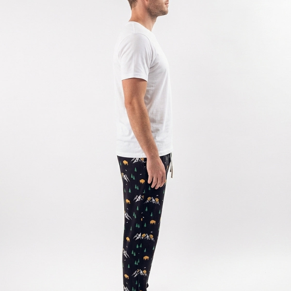 Bob's Sleepwear Co. Mountains Bamboo Jogger Pant men's side view — Cloud Nine Pajamas Edmonton