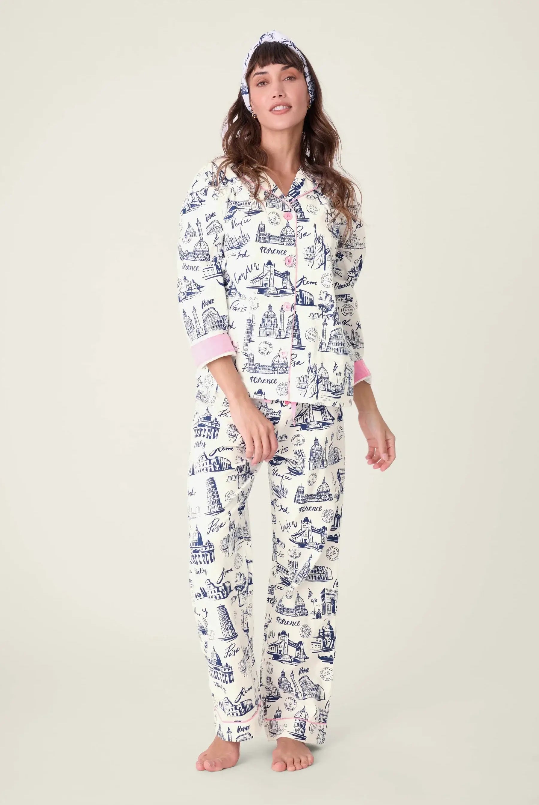 Model wearing Bon Voyage 3-Piece Flannel PJ Set by PJ Salvage, featuring travel-themed prints and soft fabric.