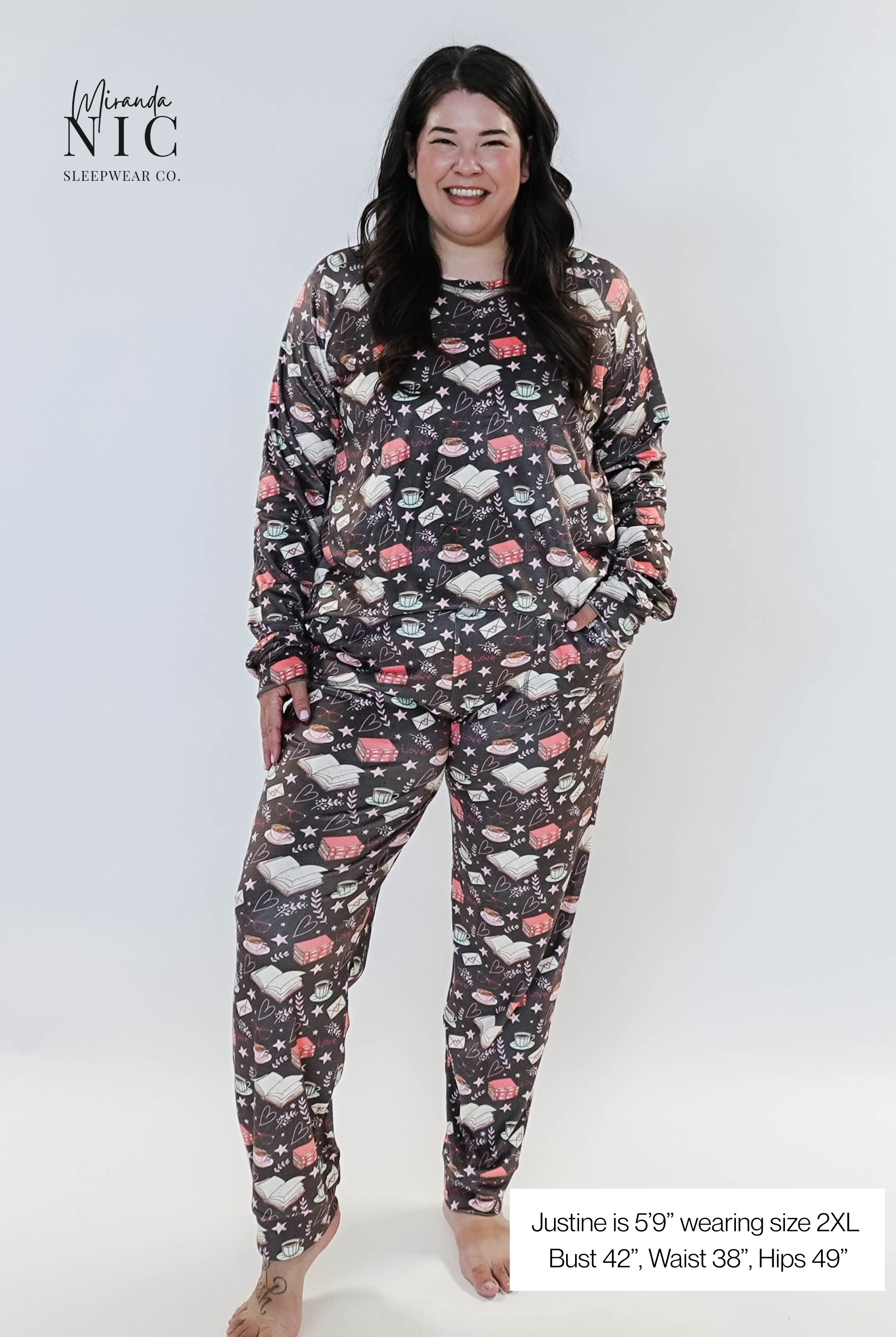 plus size woman wearing book club print velour lounge set with jogger