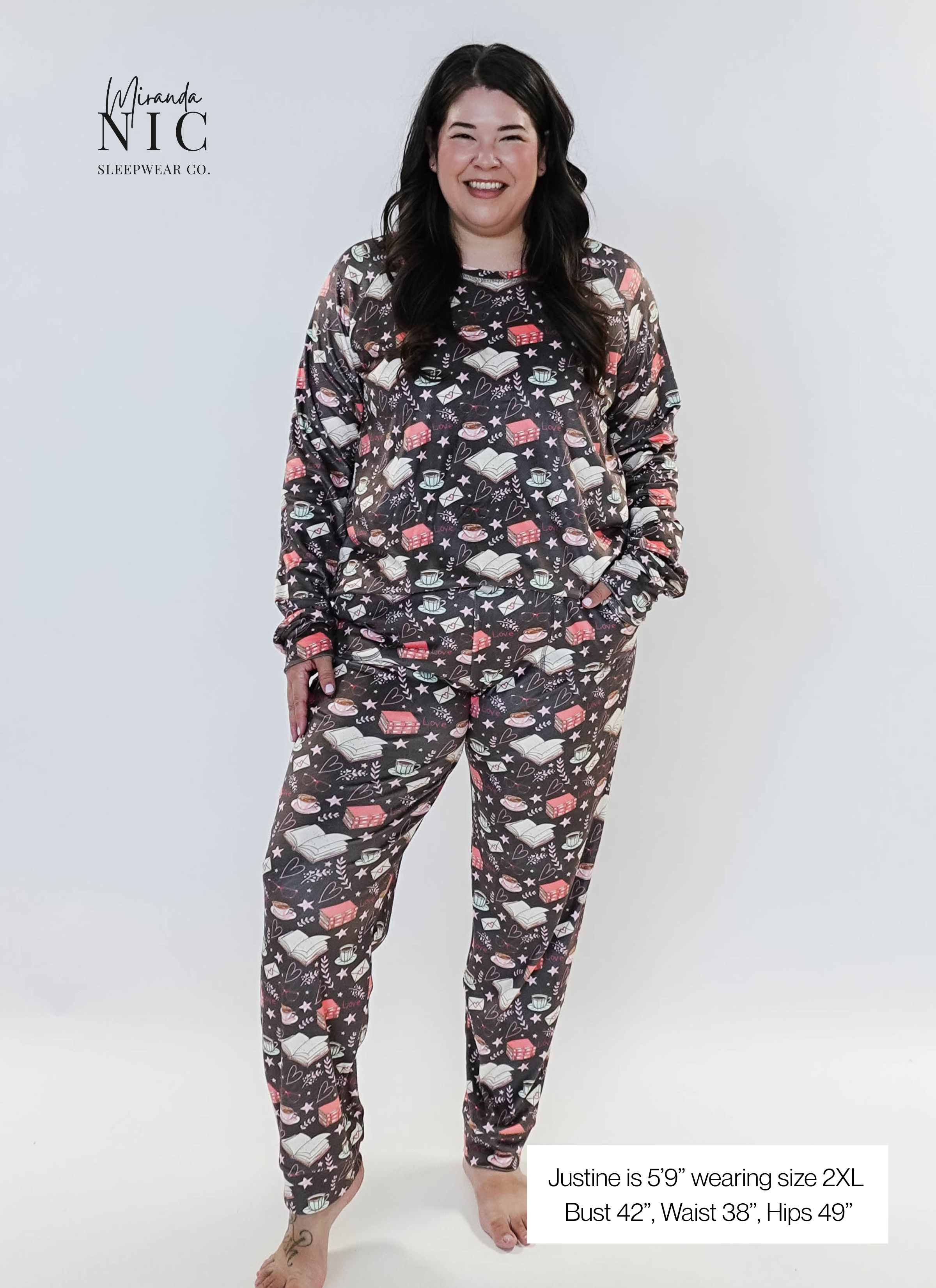 plus size woman wearing book club print velour lounge set with jogger